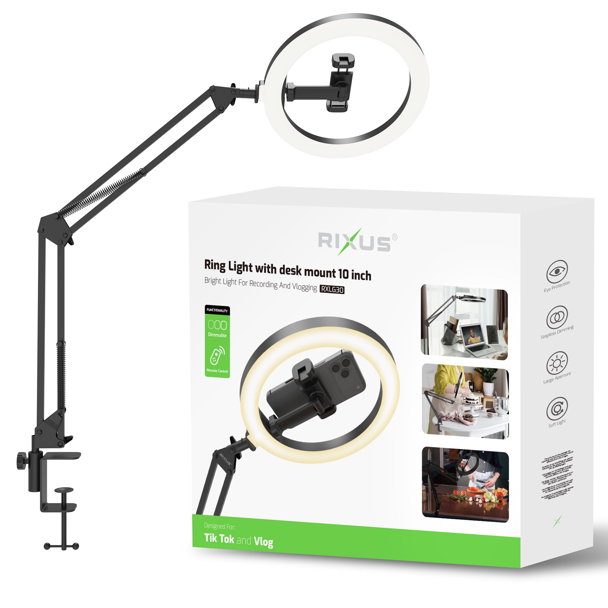 Rixus RXLG30 Ring Light With Desk Mount 10 inch