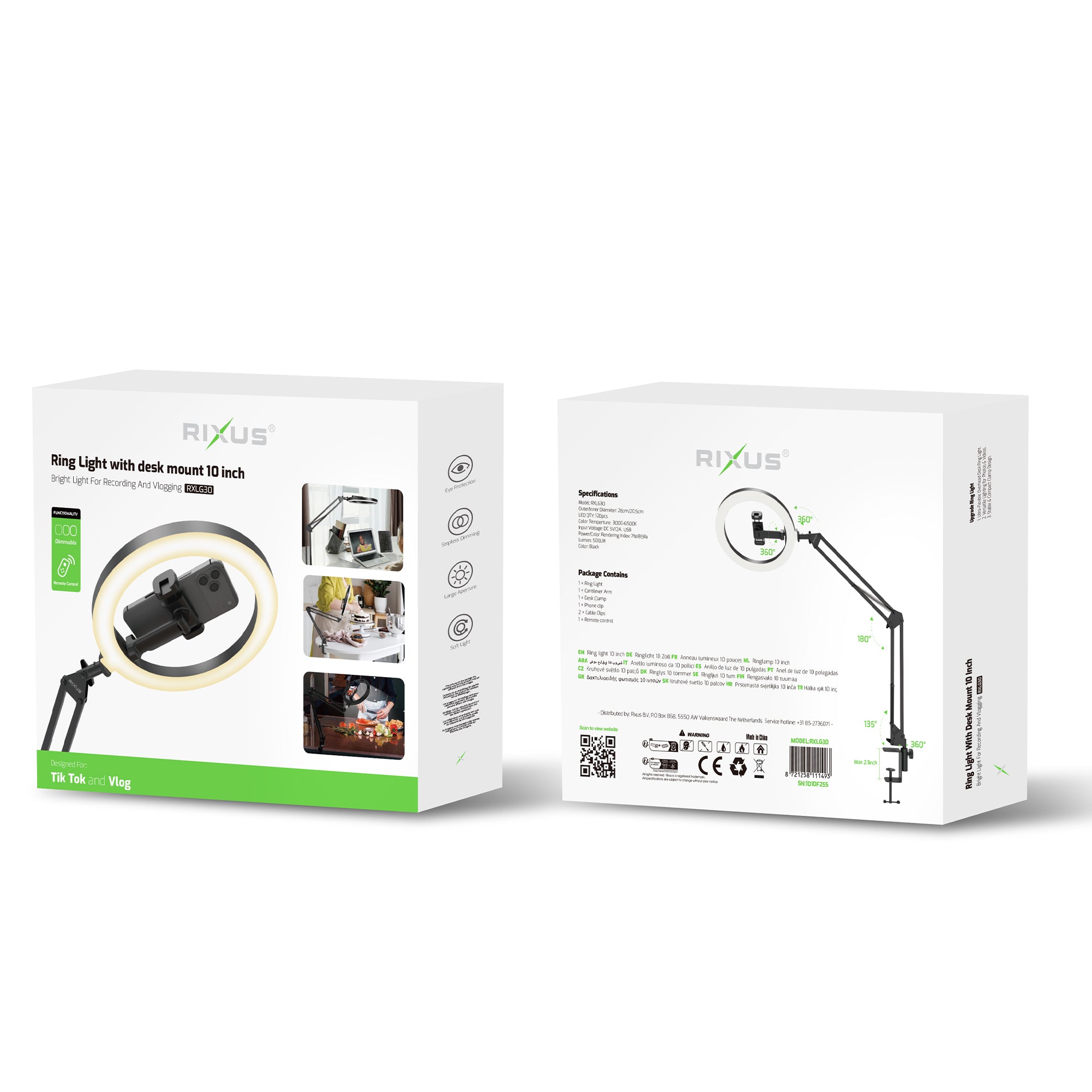 Rixus RXLG30 Ring Light With Desk Mount 10 inch