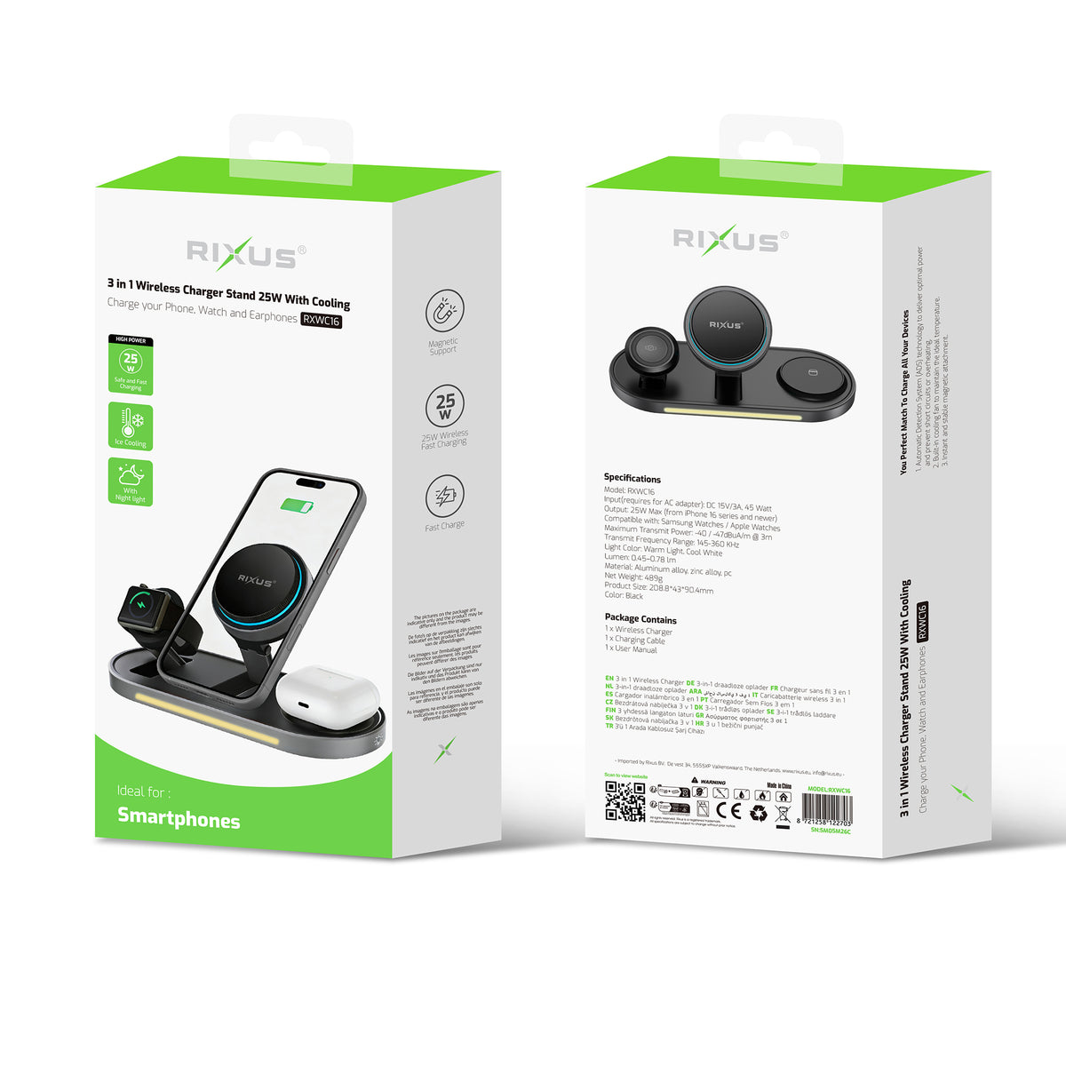 Rixus RXWC16 3 in 1 Ice Cooling Wireless Charger Stand 25W Black