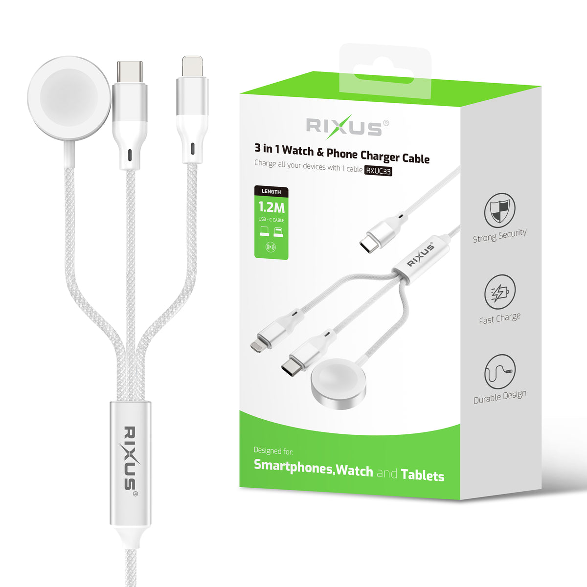 Rixus RXUC33 3 in 1 Watch And Phone Charger Cable 1.2m 60W White