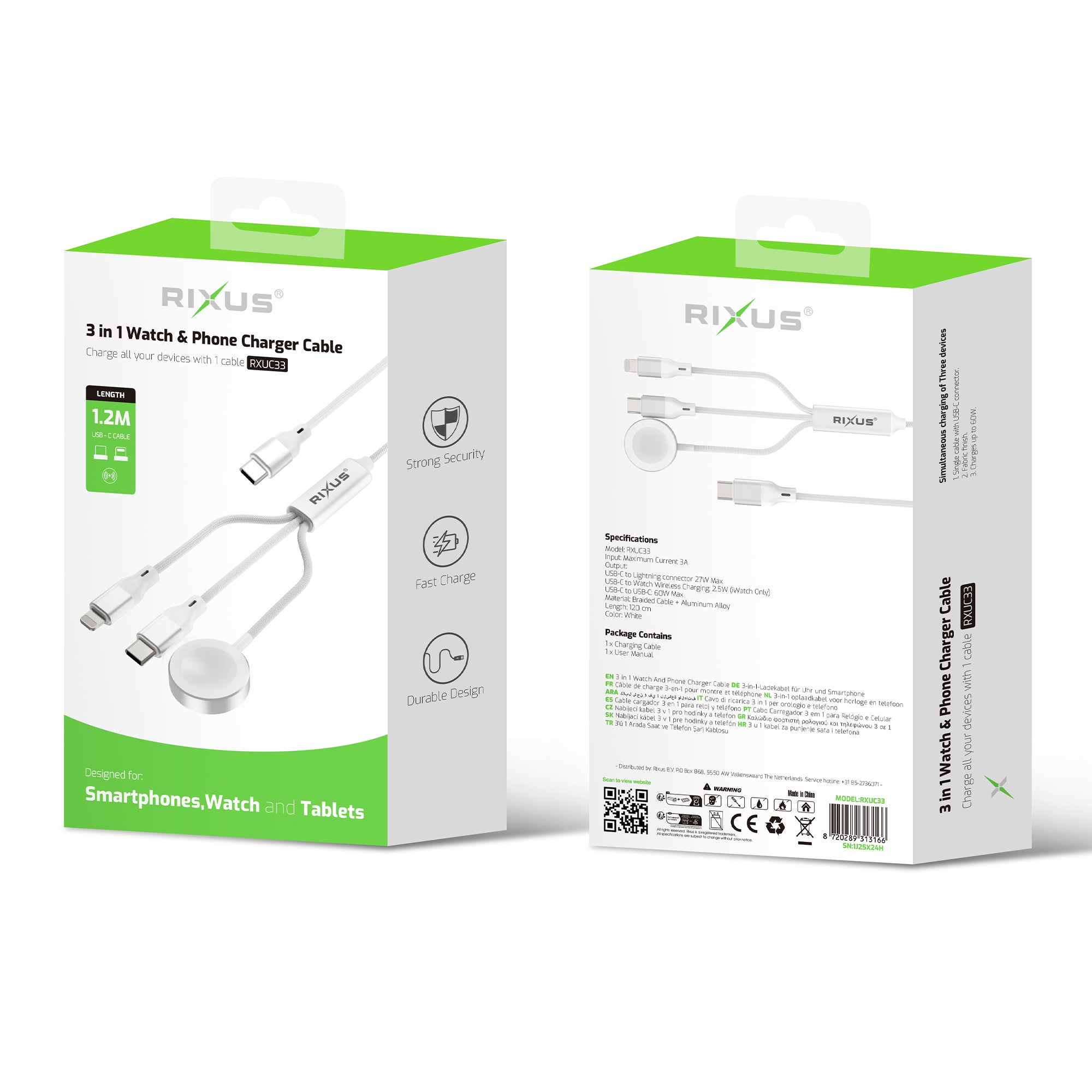 Rixus RXUC33 3 in 1 Watch And Phone Charger Cable 1.2m 60W White