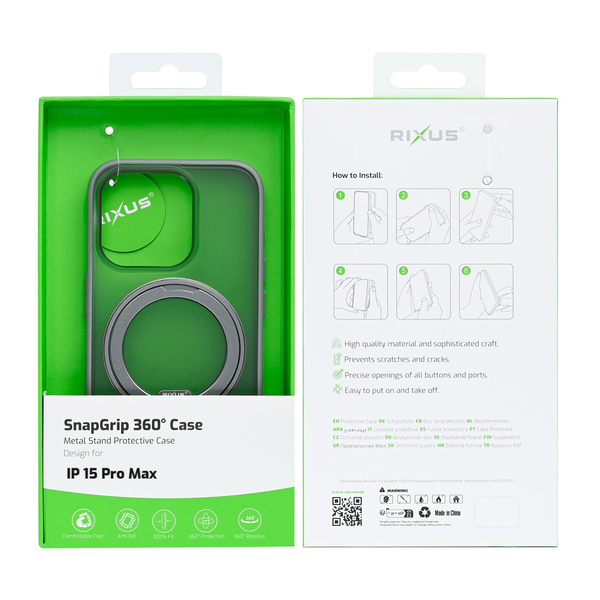 Rixus SnapGrip 360 Case For Apple iPhone 15 Pro Max Grey