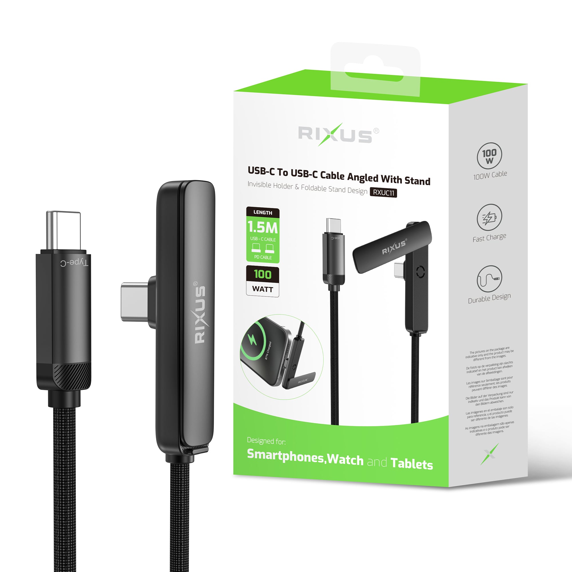 Rixus RXUC11 USB-C To USB-C Cable Angled With Stand 100W