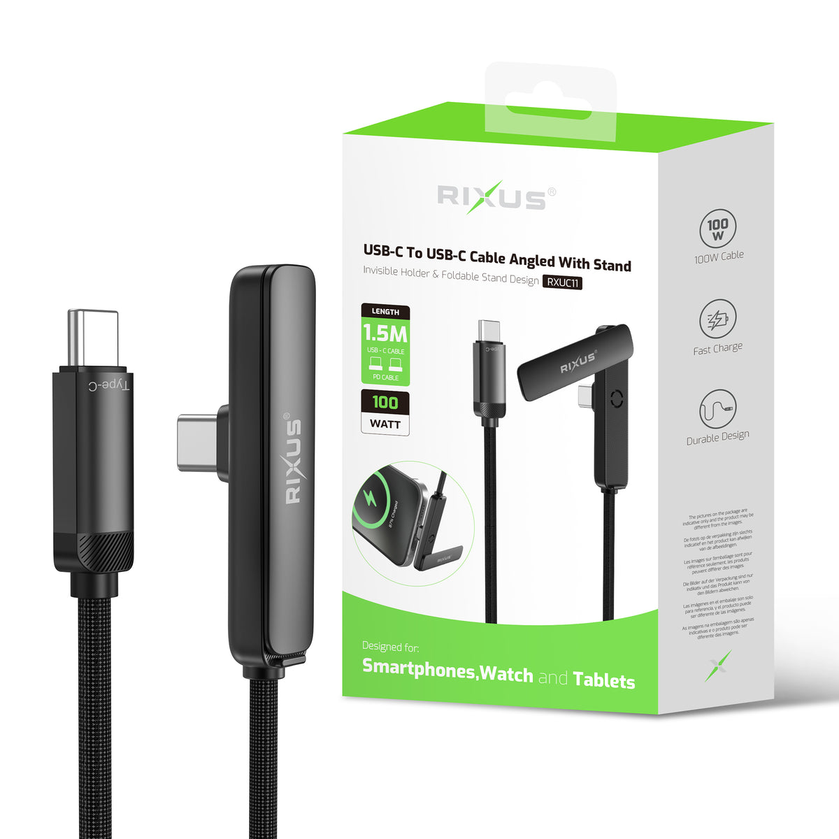 Rixus RXUC11 USB-C To USB-C Cable Angled With Stand 100W