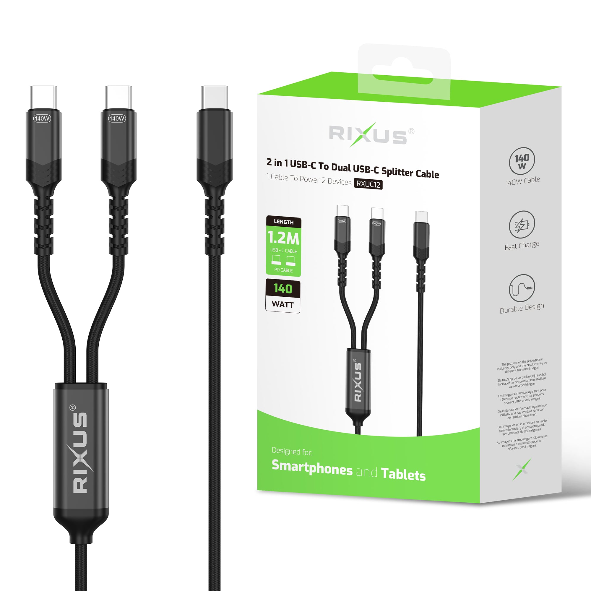 Rixus RXUC12 2 in 1 USB-C To Dual USB-C Splitter Cable 140W