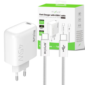 Rixus RXHC45C Fast Charger USB-C Cable 1.8m 45W White