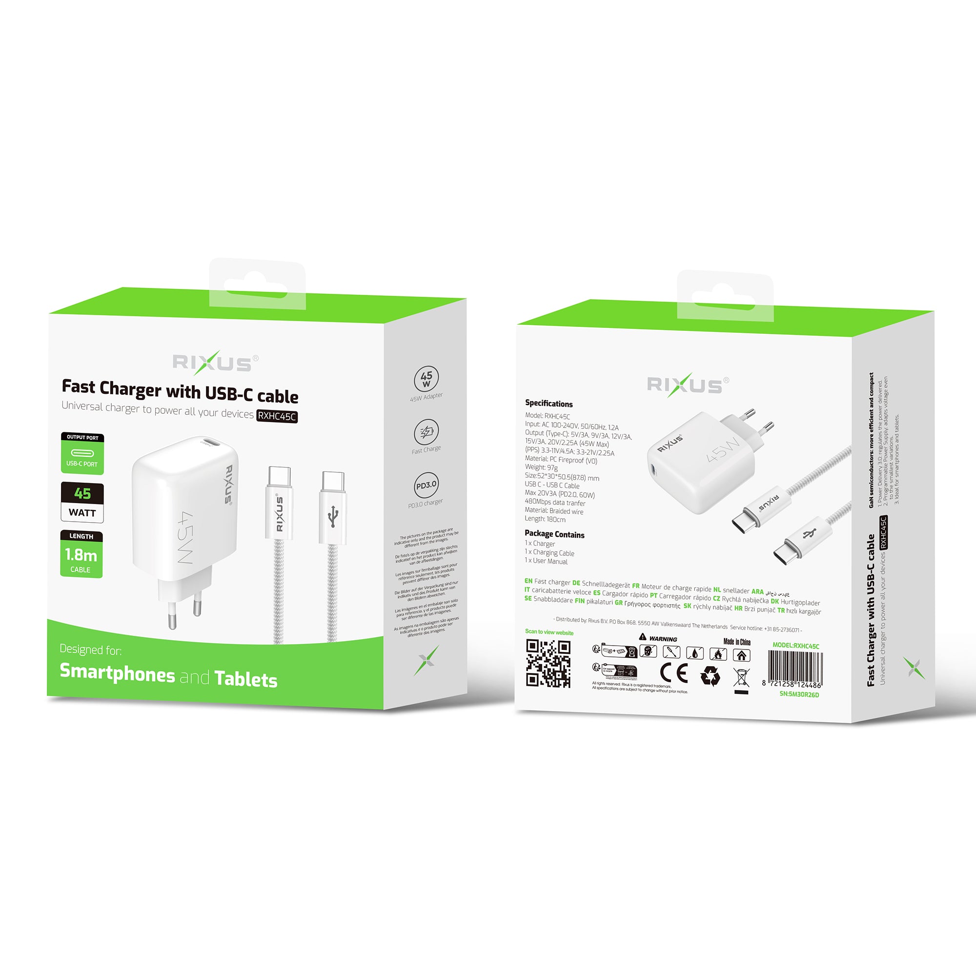 Rixus RXHC45C Fast Charger USB-C Cable 1.8m 45W White