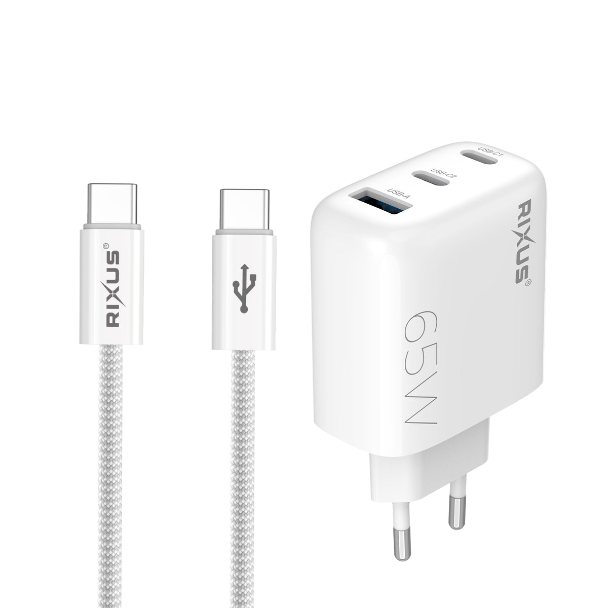 Rixus RXHC65C Fast Charger USB-C Cable 1.8m 65W White