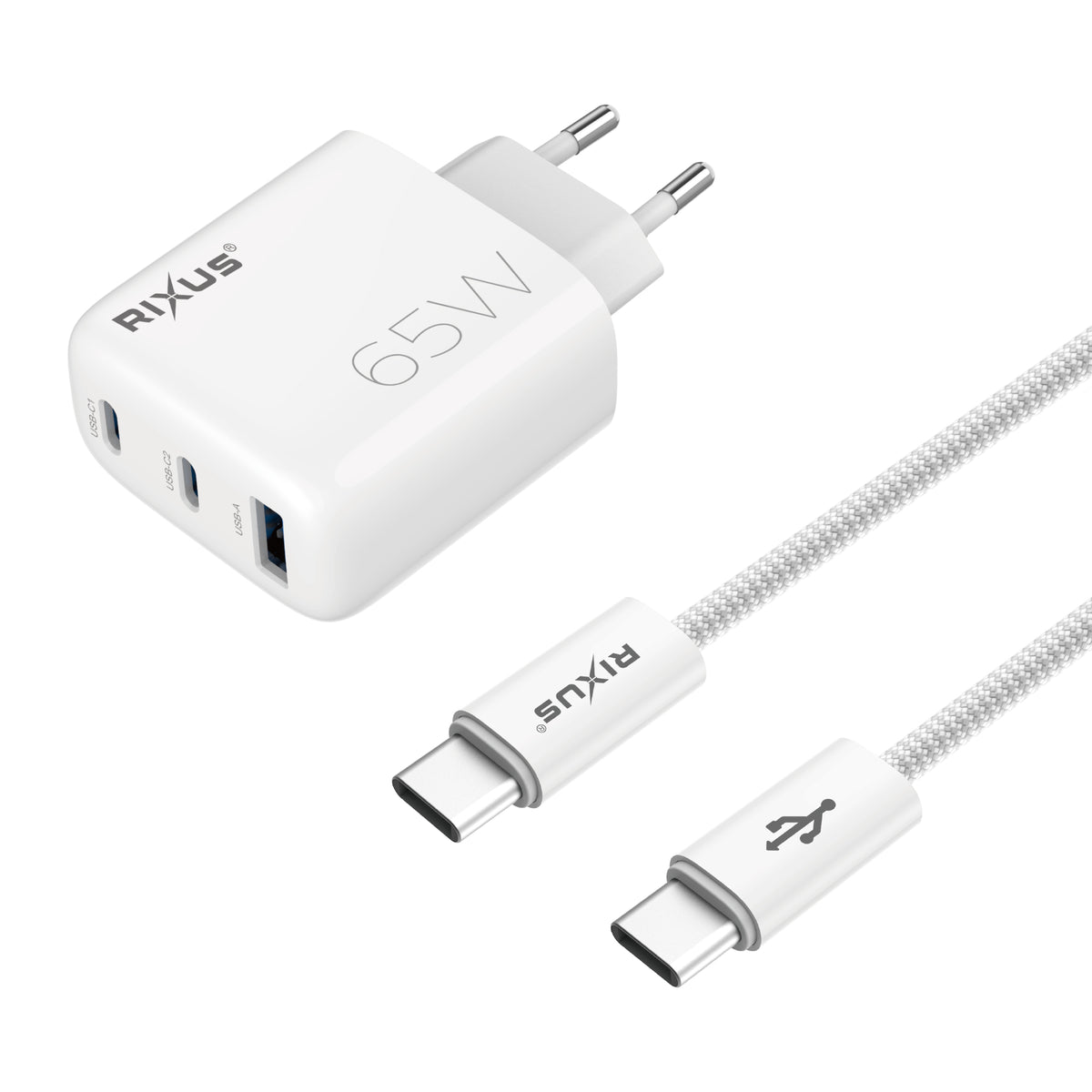 Rixus RXHC65C Fast Charger USB-C Cable 1.8m 65W White
