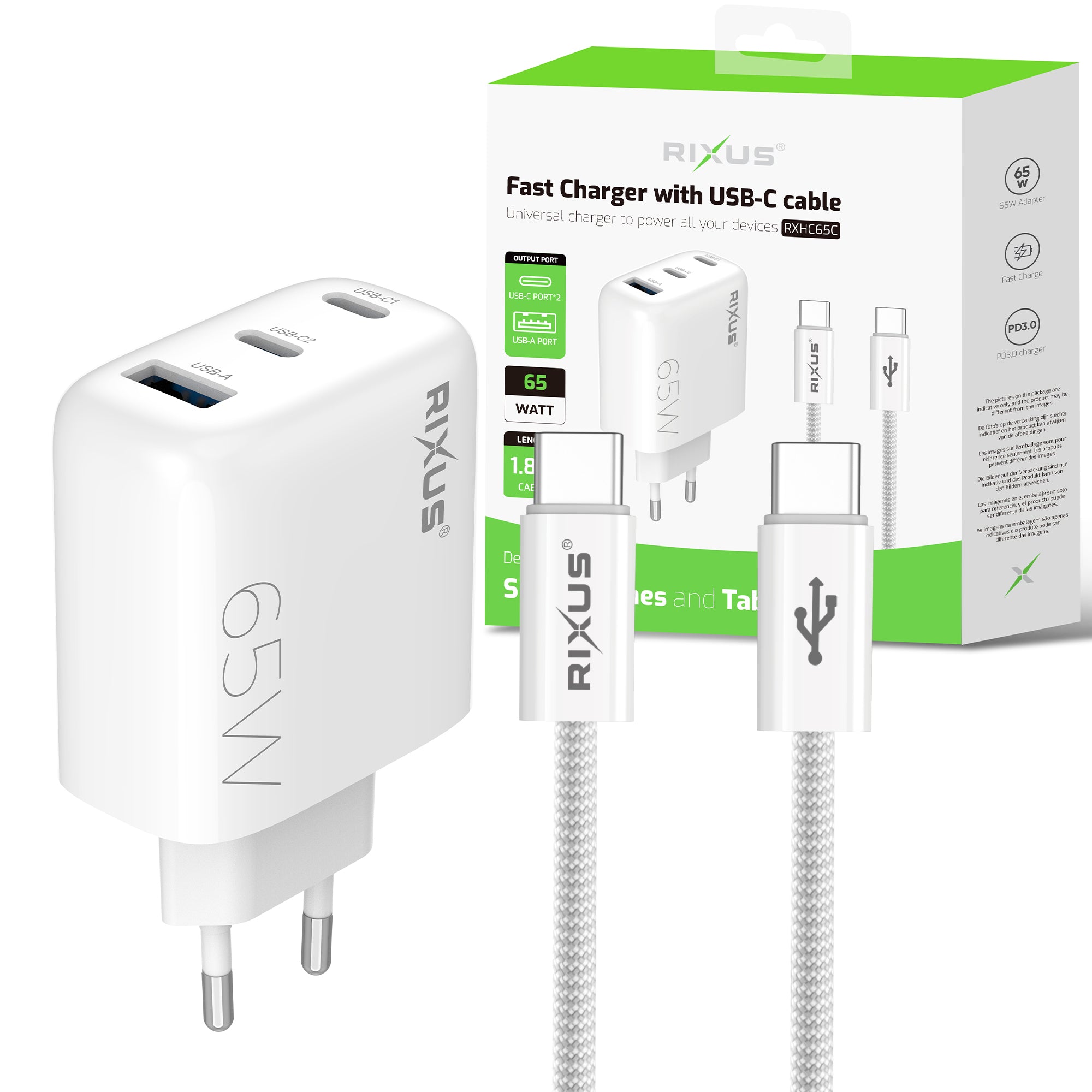 Rixus RXHC65C Fast Charger USB-C Cable 1.8m 65W White