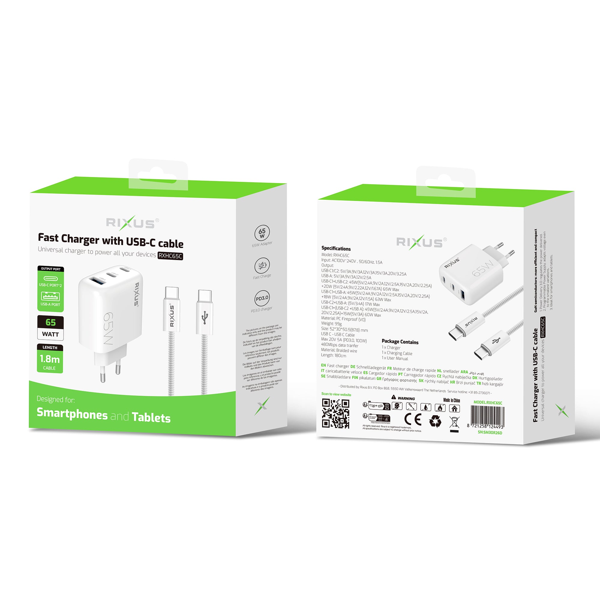Rixus RXHC65C Fast Charger USB-C Cable 1.8m 65W White