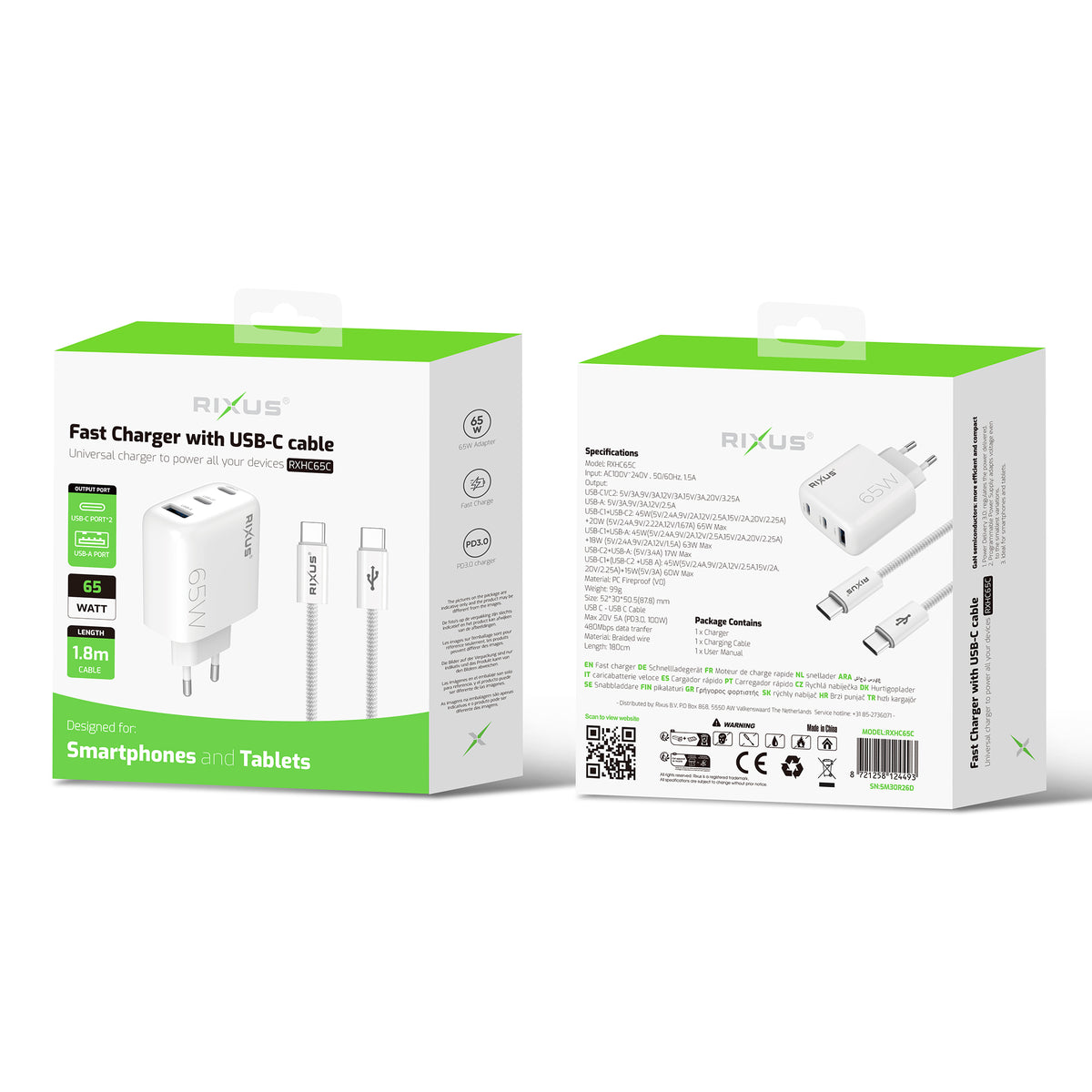 Rixus RXHC65C Fast Charger USB-C Cable 1.8m 65W White