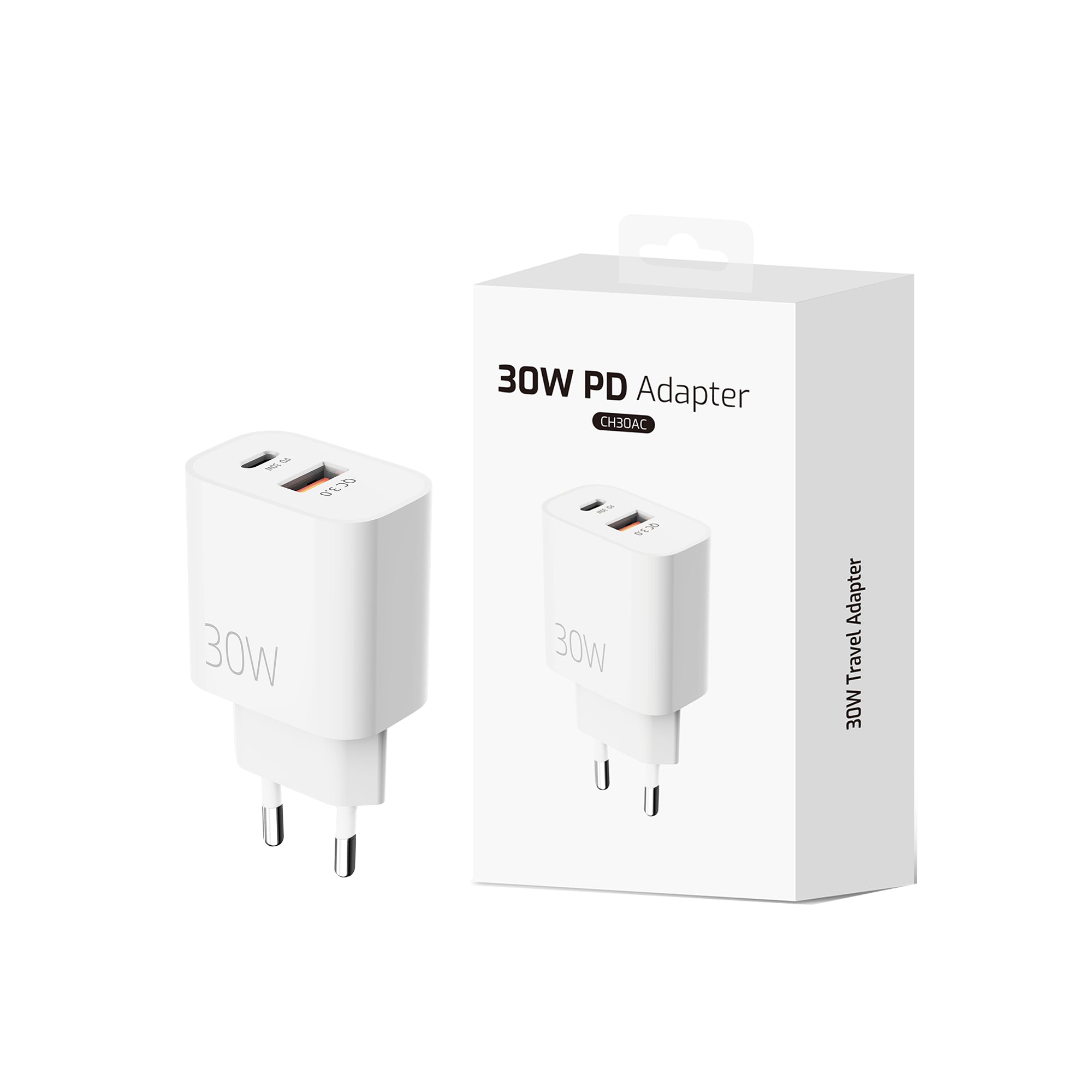 Fast Charging Adapter CH30AC USB-A And USB-C Dual Ports 30W White Retail Box