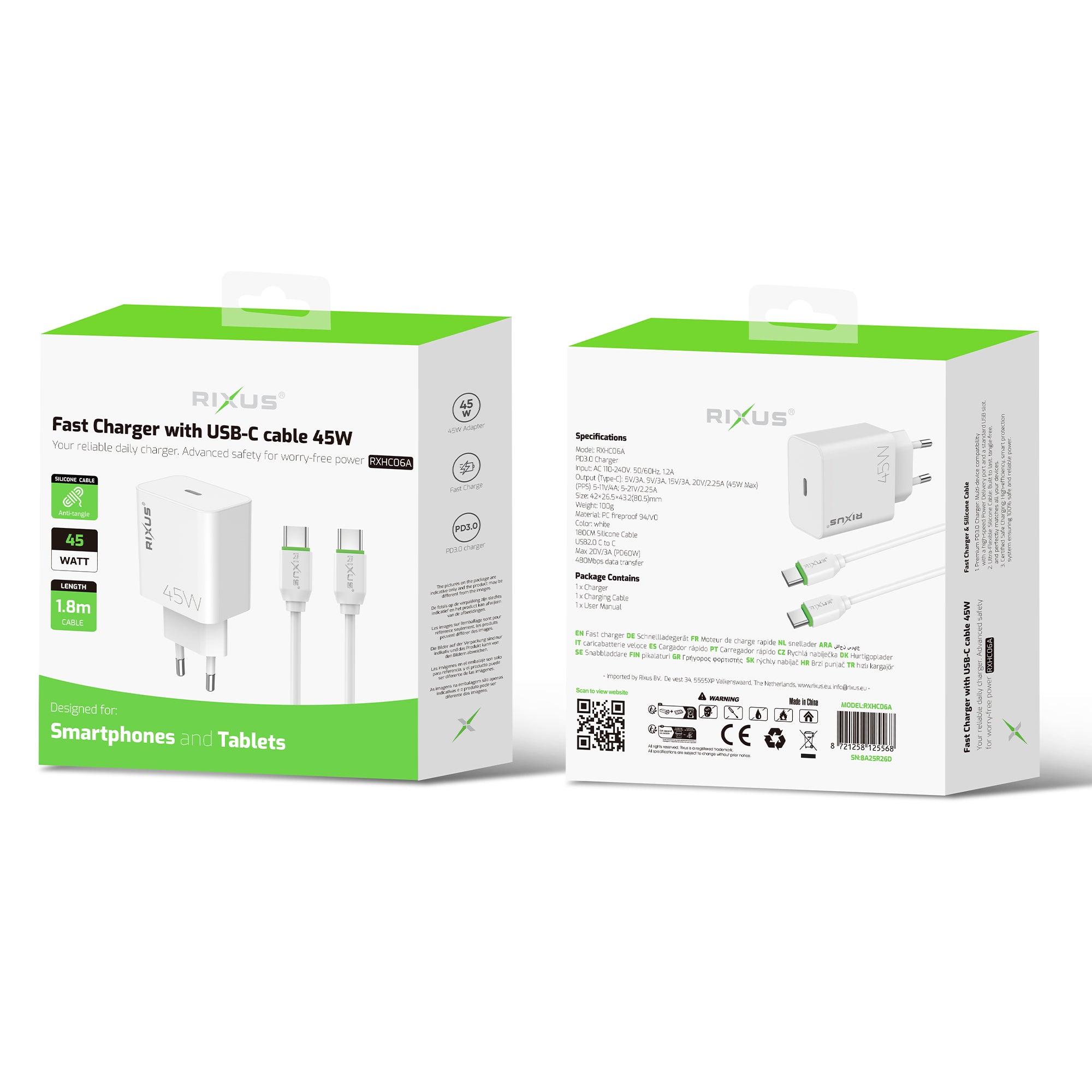 Rixus RXHC06A Fast Charger With USB-C Cable 45W White