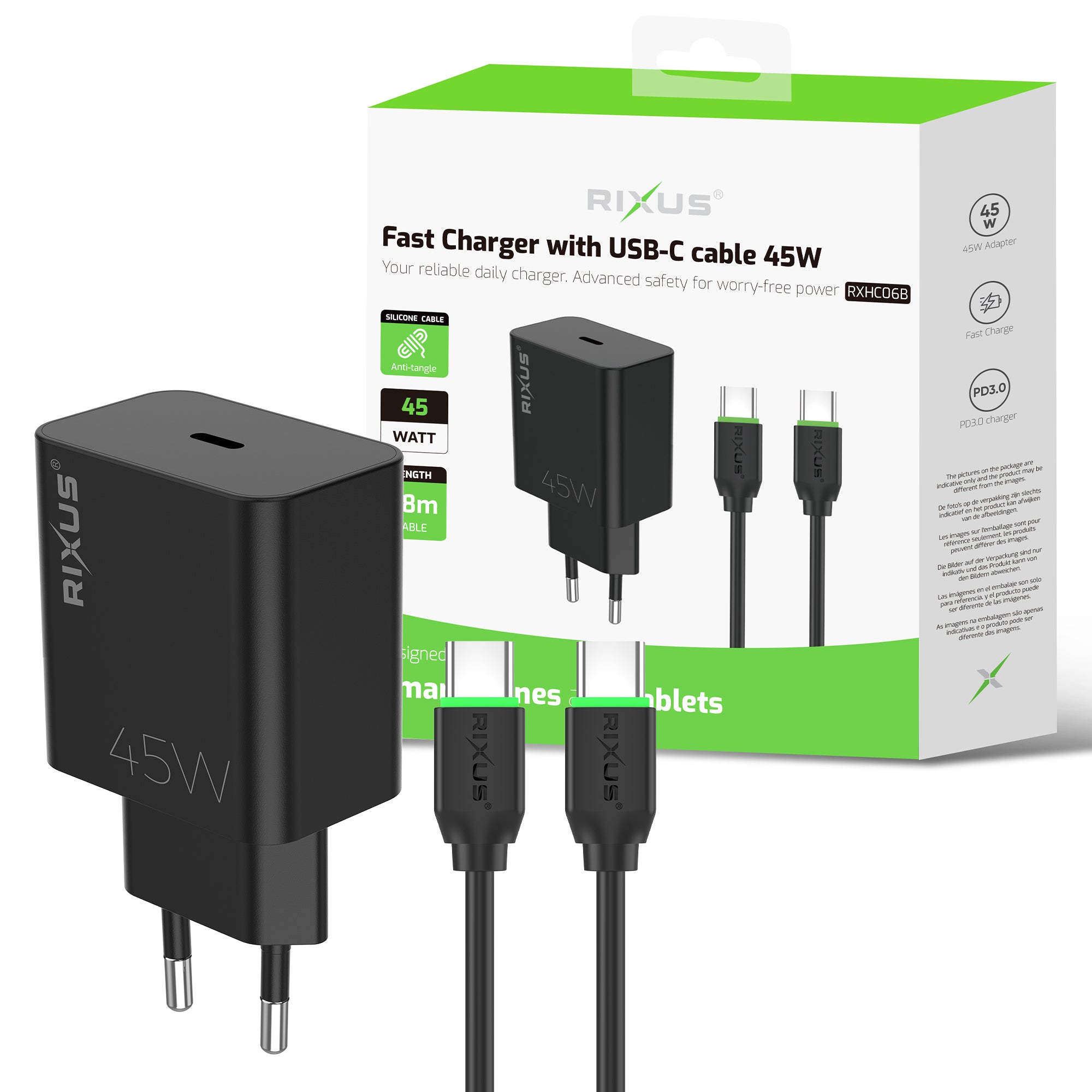Rixus RXHC06B Fast Charger With USB-C Cable 45W Black