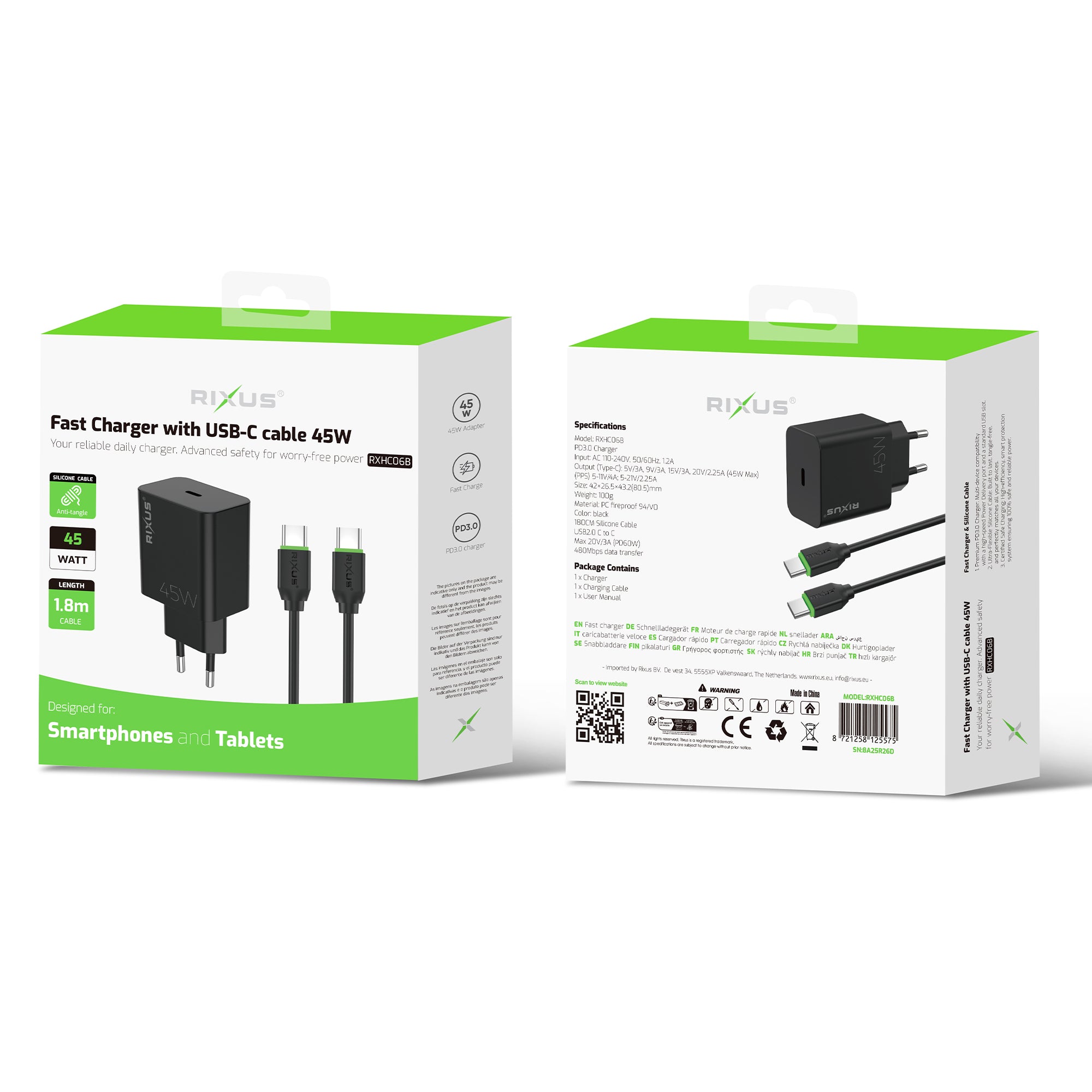 Rixus RXHC06B Fast Charger With USB-C Cable 45W Black
