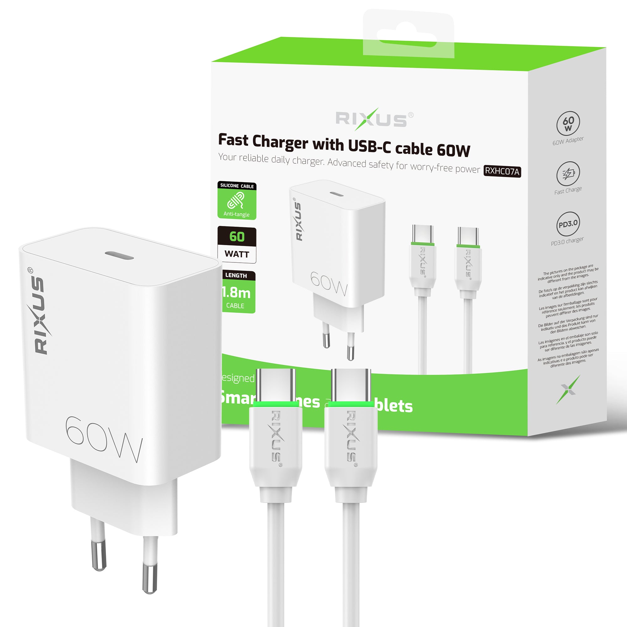 Rixus RXHC07A Fast Charger With USB-C Cable 60W White