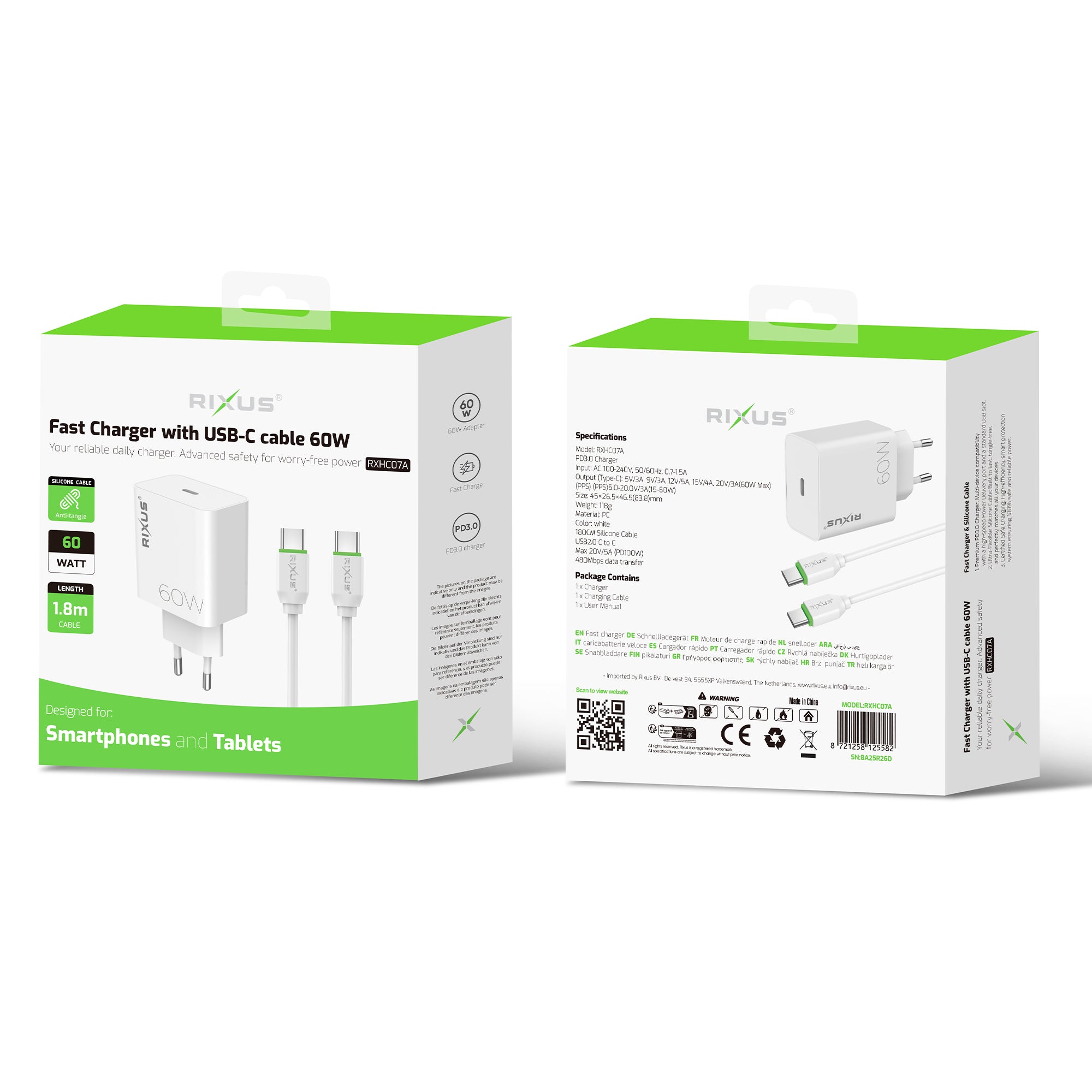 Rixus RXHC07A Fast Charger With USB-C Cable 60W White