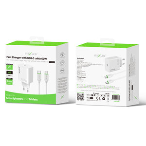 Rixus RXHC07A Fast Charger With USB-C Cable 60W White