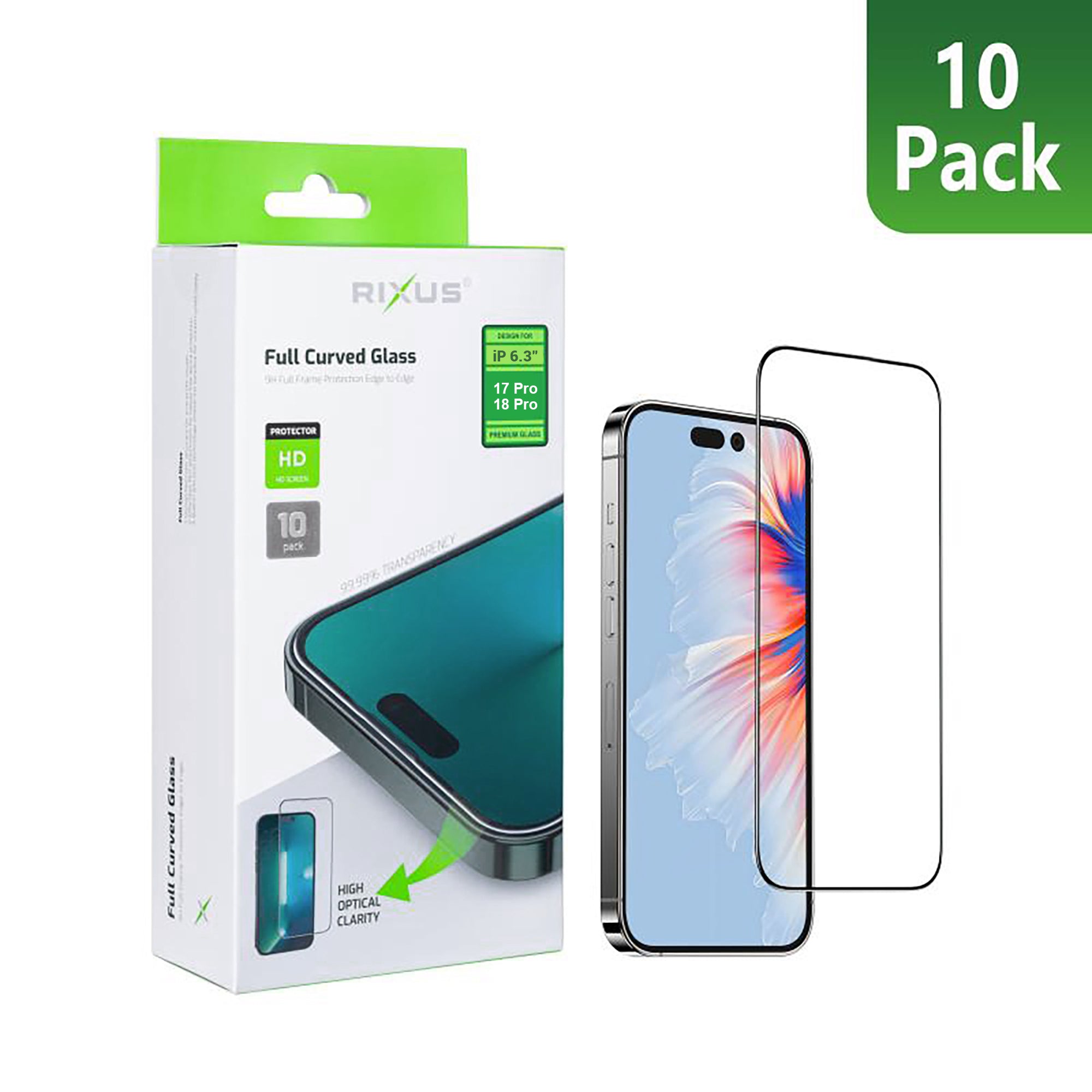 Rixus Clear HD Full Curved Edge Tempered Glass For Apple iPhone 17 Pro, 18 Pro (10-Pack)