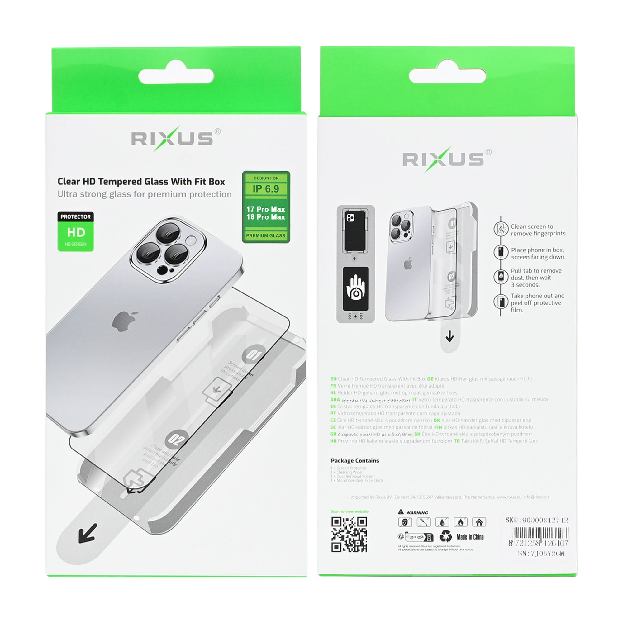 Rixus Clear HD Tempered Glass With Fit Box For Apple iPhone 17 Pro Max, 18 Pro Max