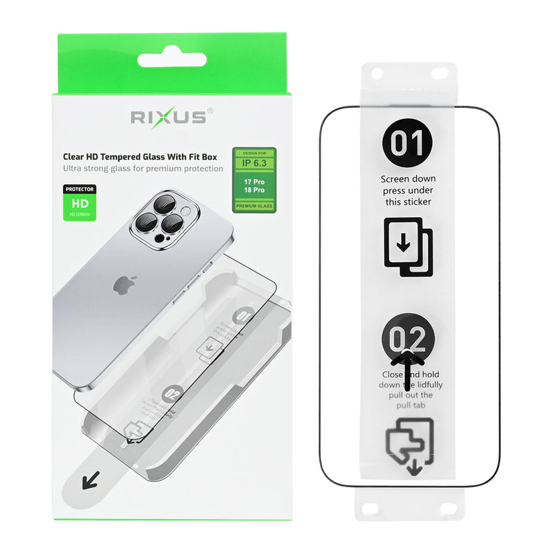 Rixus Clear HD Tempered Glass With Fit Box For Apple iPhone 17 Pro, 18 Pro