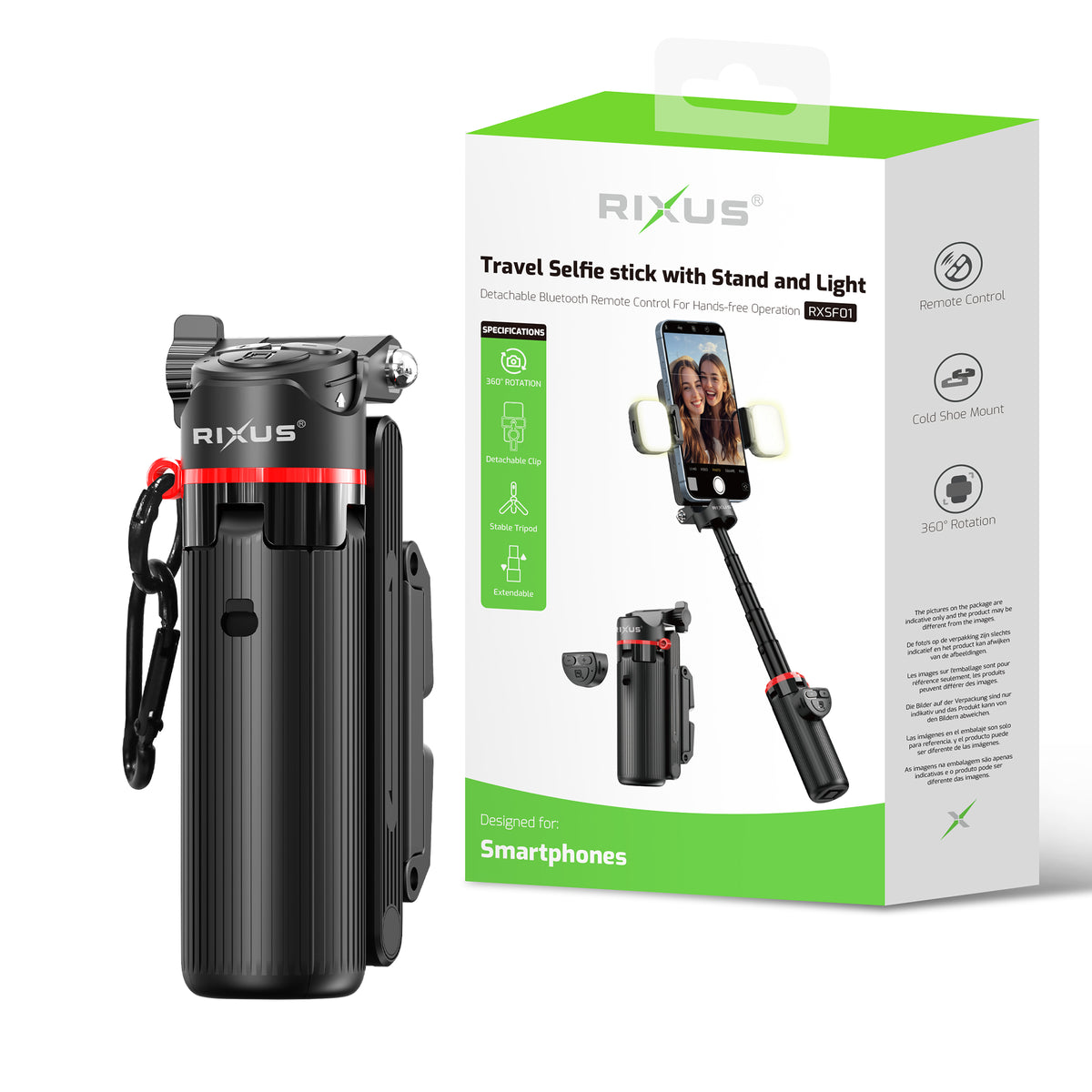Rixus RXSF01 Travel Selfie Stick With Stand And Light