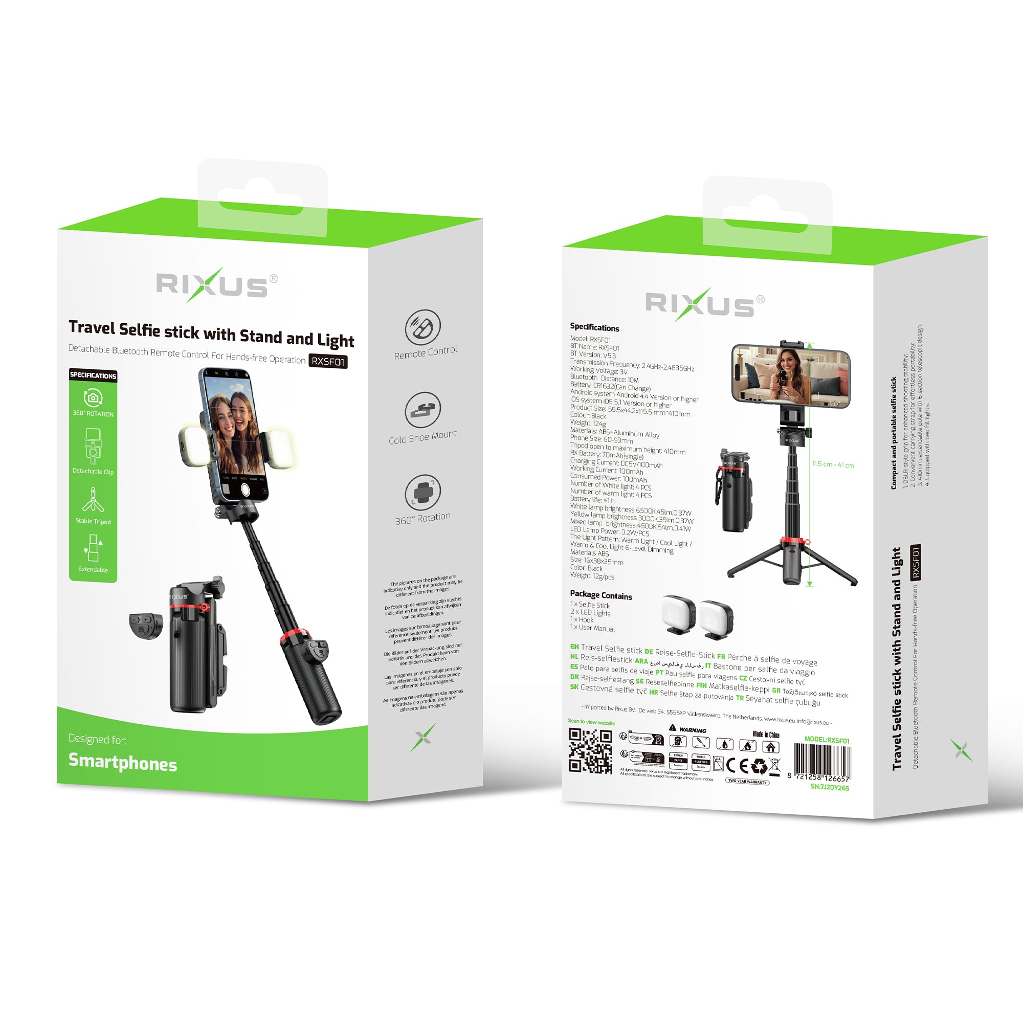 Rixus RXSF01 Travel Selfie Stick With Stand And Light