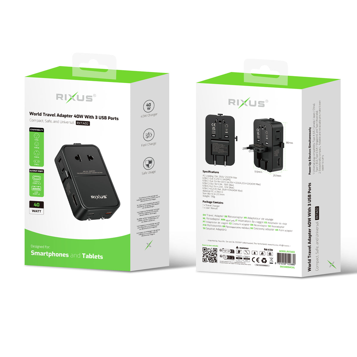 Rixus RXTA02 World Travel Adapter 40W With 3 USB Ports Black