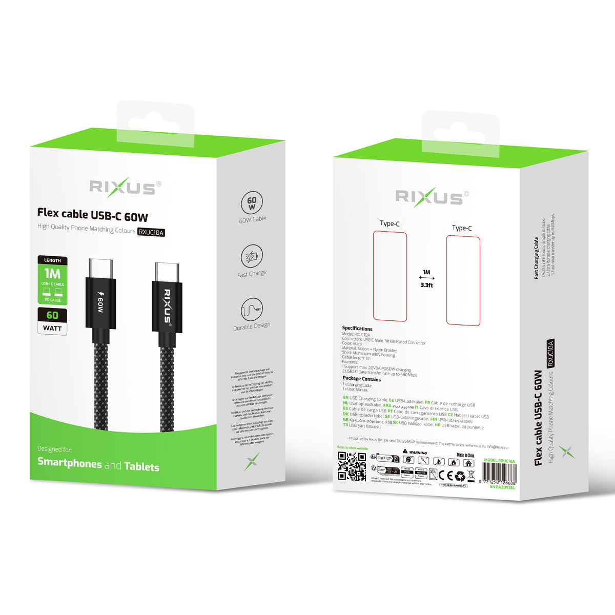 Rixus RXUC10A Flex Cable USB-C 60W 1m Black