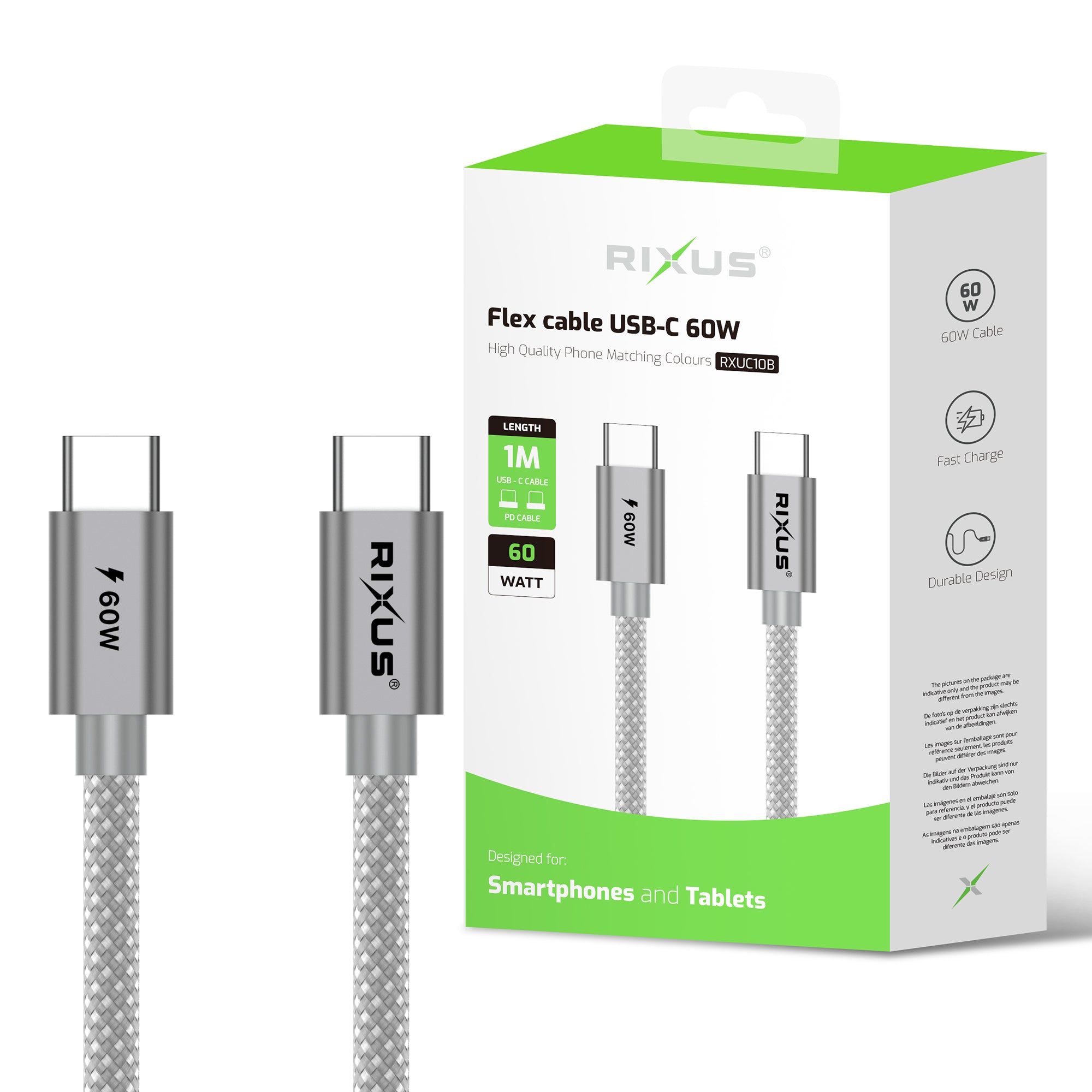 Rixus RXUC10B Flex Cable USB-C 60W 1m Grey