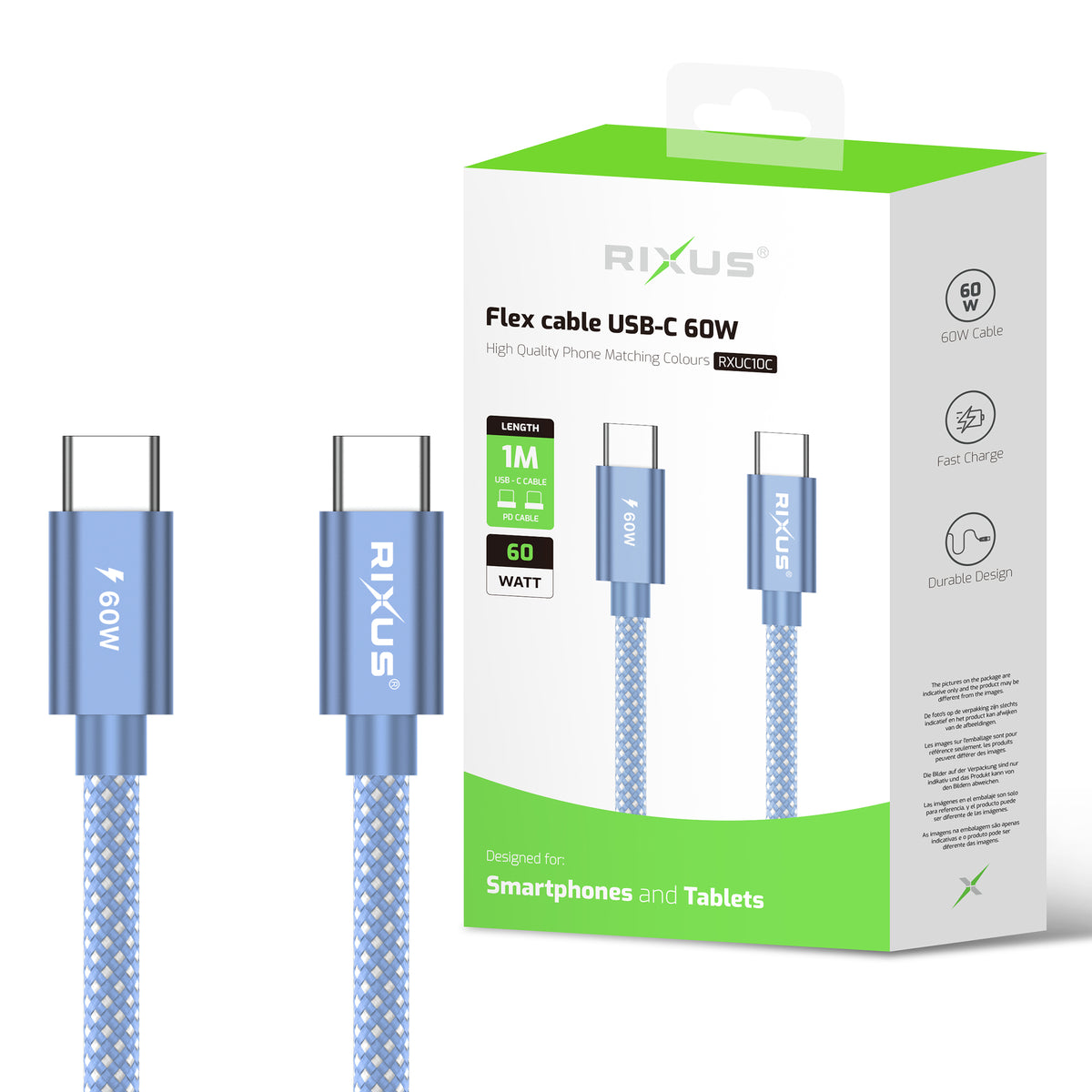 Rixus RXUC10C Flex Cable USB-C 60W 1m Blue