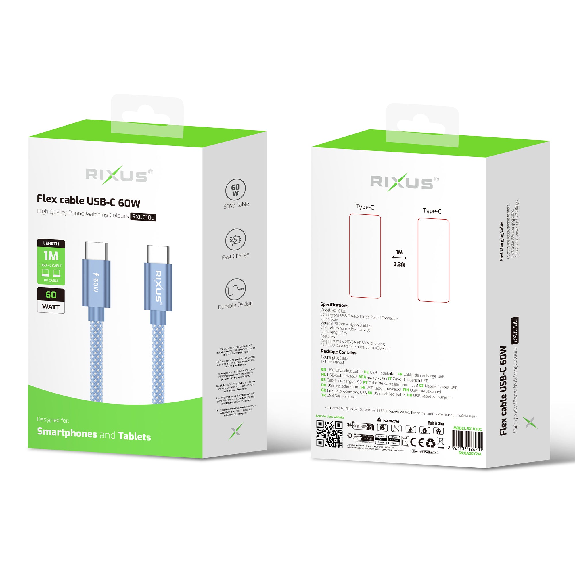 Rixus RXUC10C Flex Cable USB-C 60W 1m Blue