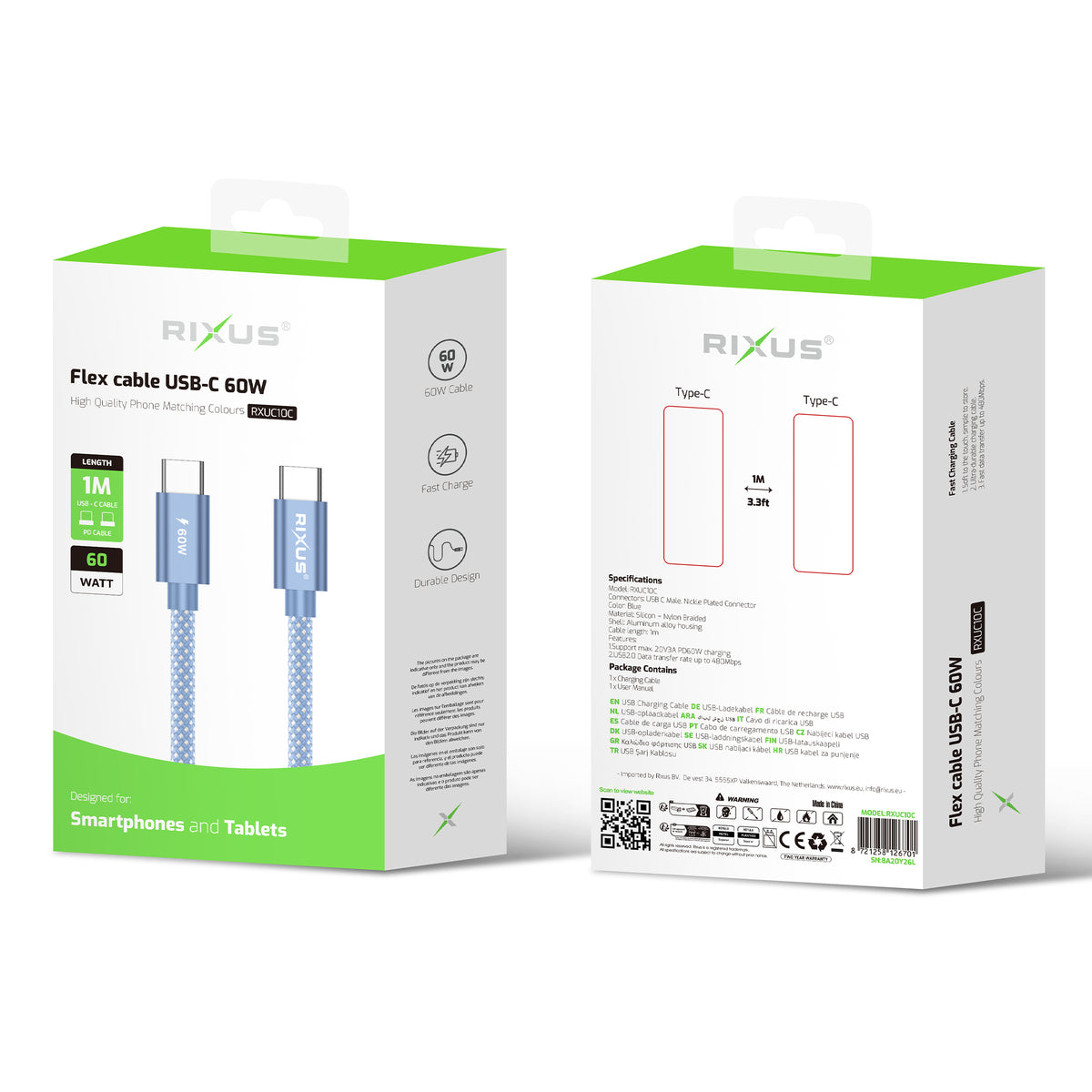 Rixus RXUC10C Flex Cable USB-C 60W 1m Blue