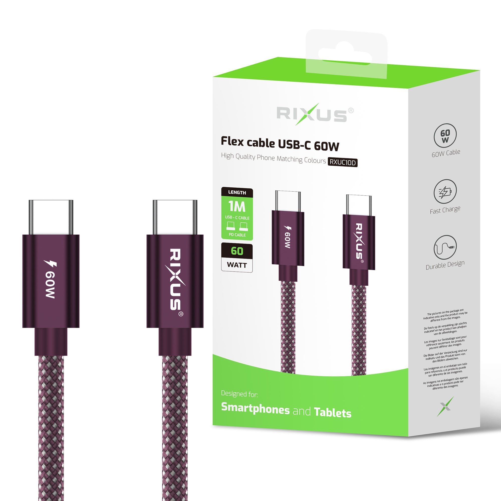 Rixus RXUC10D Flex Cable USB-C 60W 1m Purple