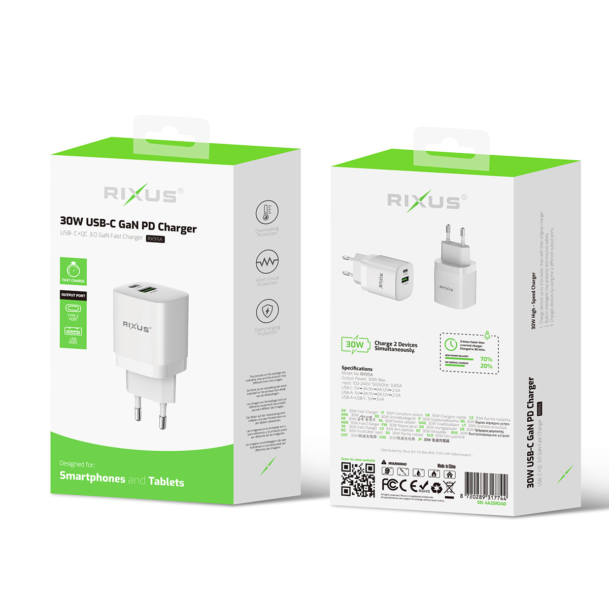 Rixus RX95A USB-C GaN PD Charger 30W White