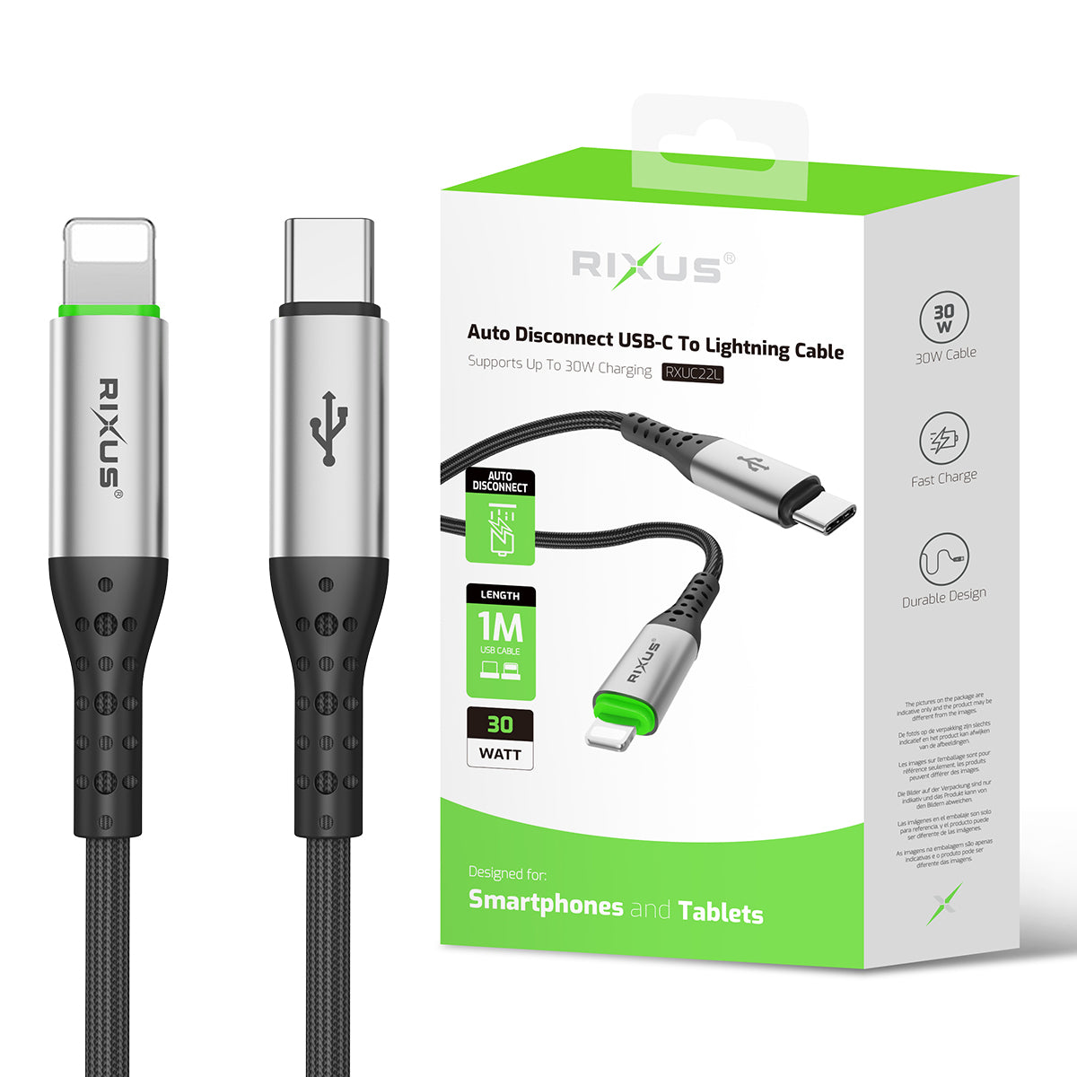 Rixus RXUC22L Auto Disconnect USB-C To Lightning Cable Black