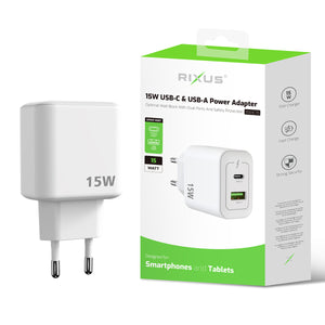 Rixus RXHC15 USB-C, USB-A Power Adapter 15W White