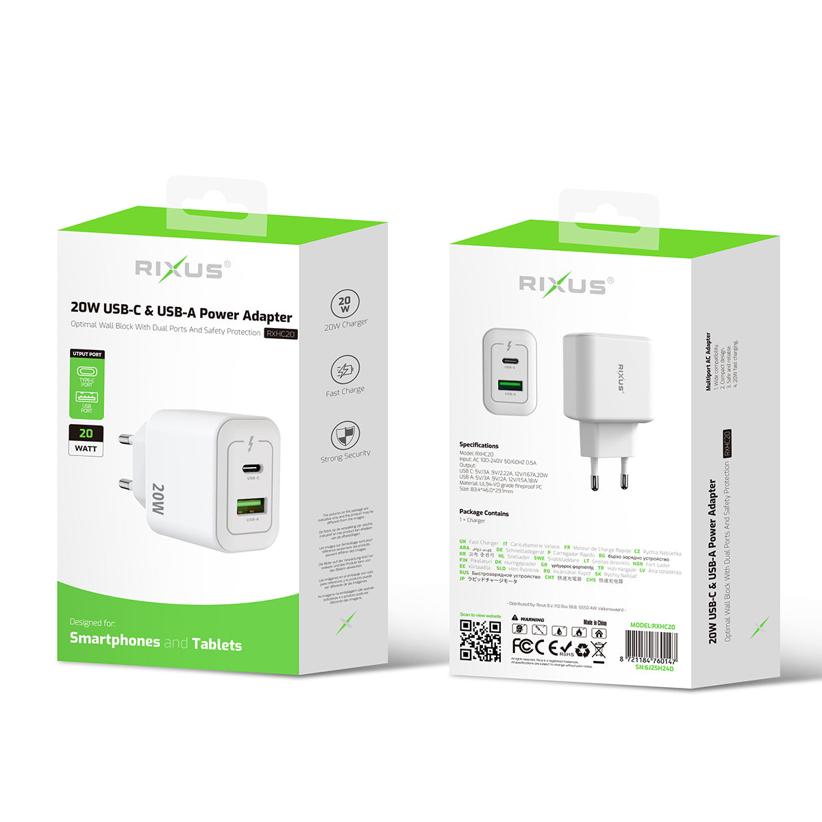 Rixus RXHC20 USB-C, USB-A Power Adapter 20W White