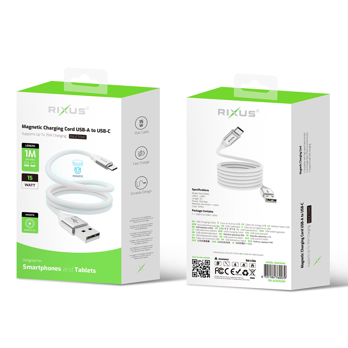 Rixus RXUC59AC Magnetic Charging Cord USB-A To USB-C 1m 15W White
