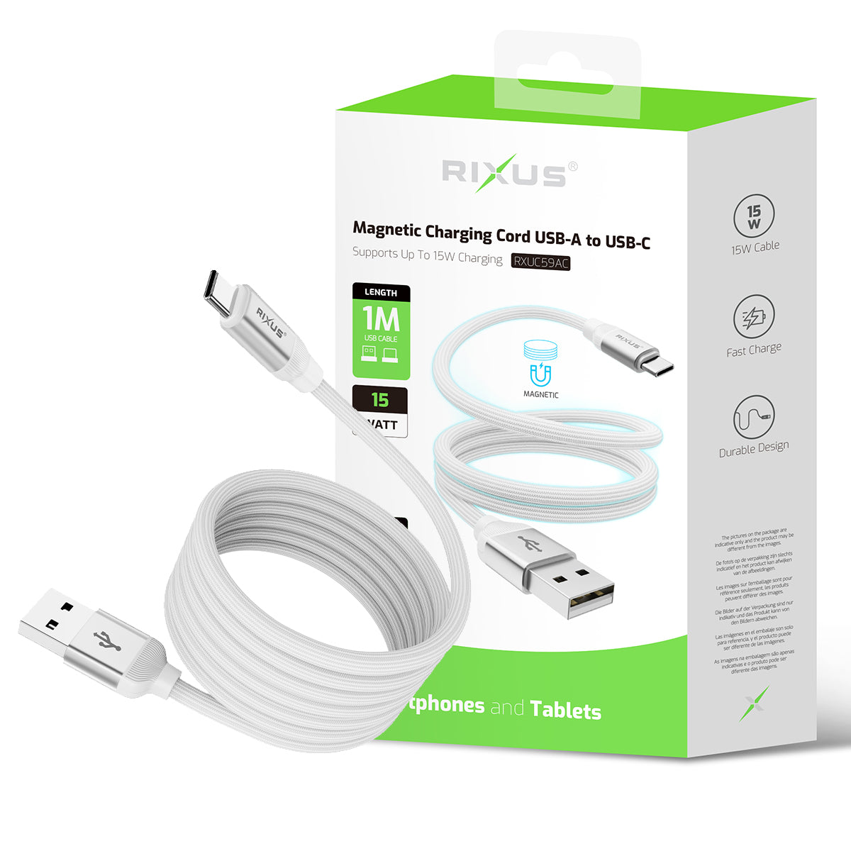Rixus RXUC59AC Magnetic Charging Cord USB-A To USB-C 1m 15W White