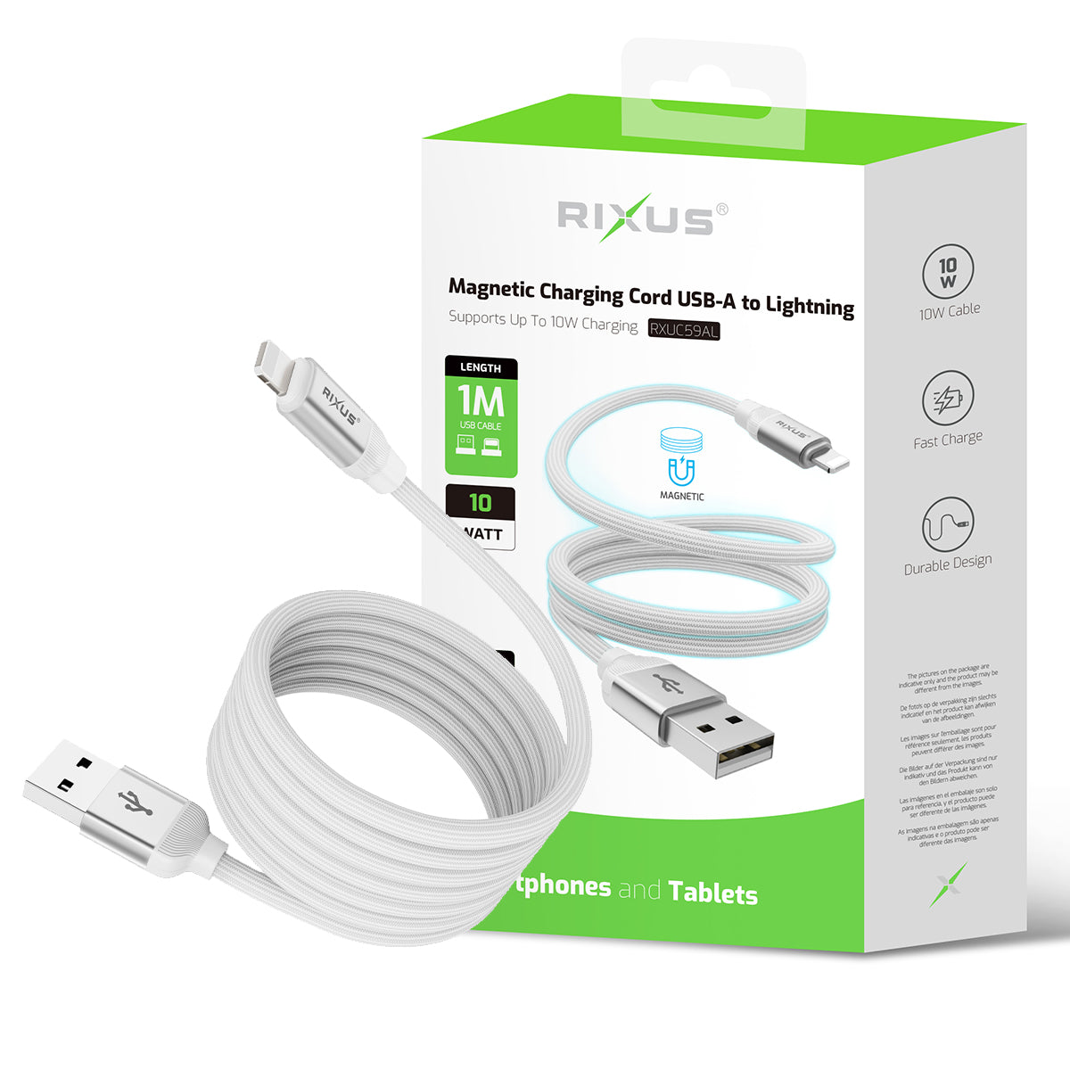Rixus RXUC59AL Magnetic Charging Cord USB-A To Lightning 1m 10W White