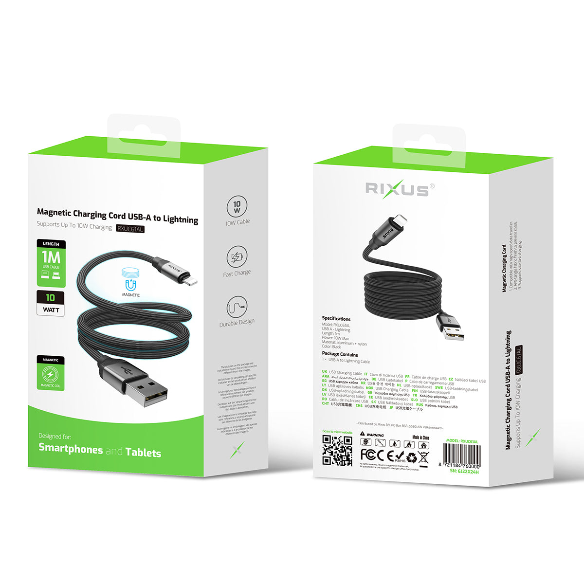 Rixus RXUC61AC Magnetic Charging Cord USB-A To USB-C 1m 15W Black