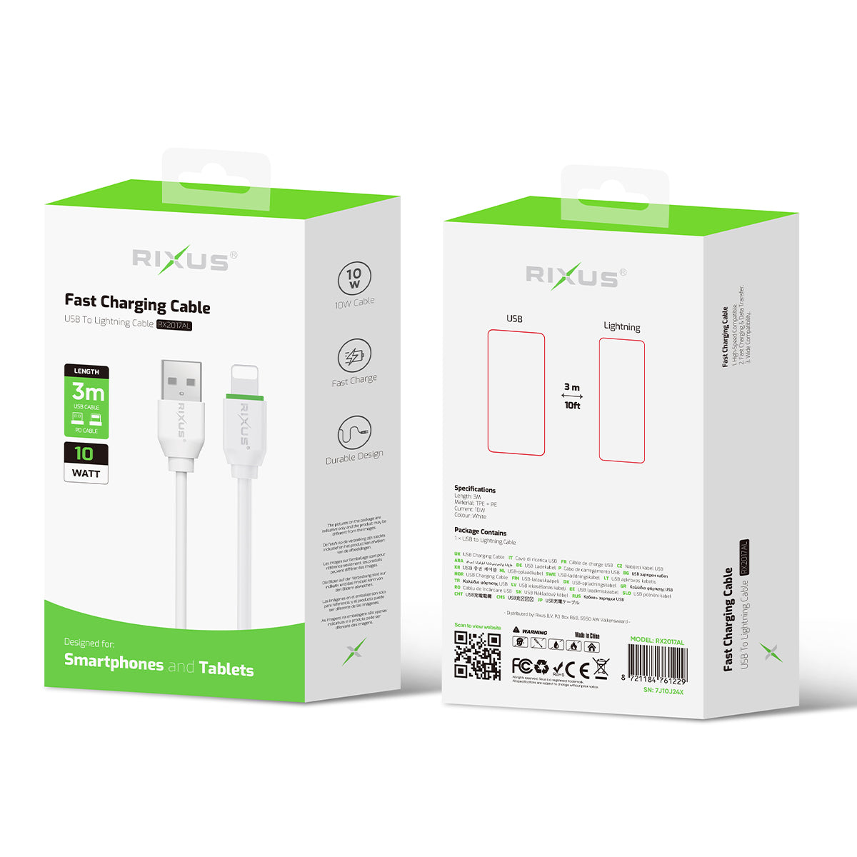 Rixus RX2017AL Data Sync And Fast Charge Cable USB To Lightning Connector 3m