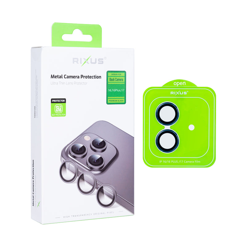 Rixus Metal Shield Camera Tempered Glass For Apple iPhone 16, 16 Plus, 17 Blue