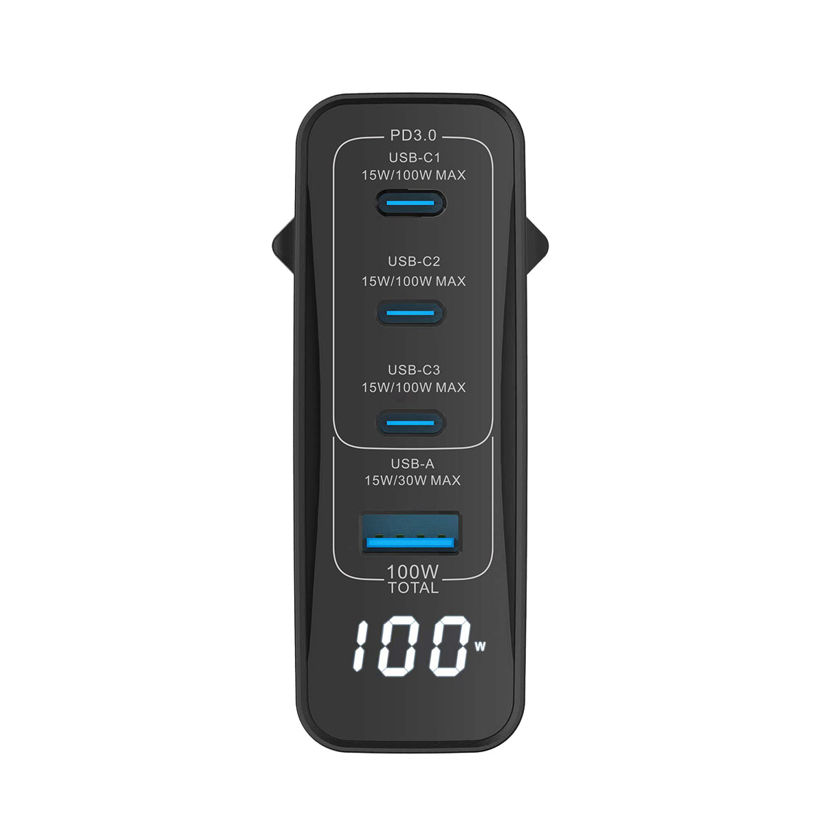 Rixus RX100 GaN Power Adapter With Digital Display 100W Black