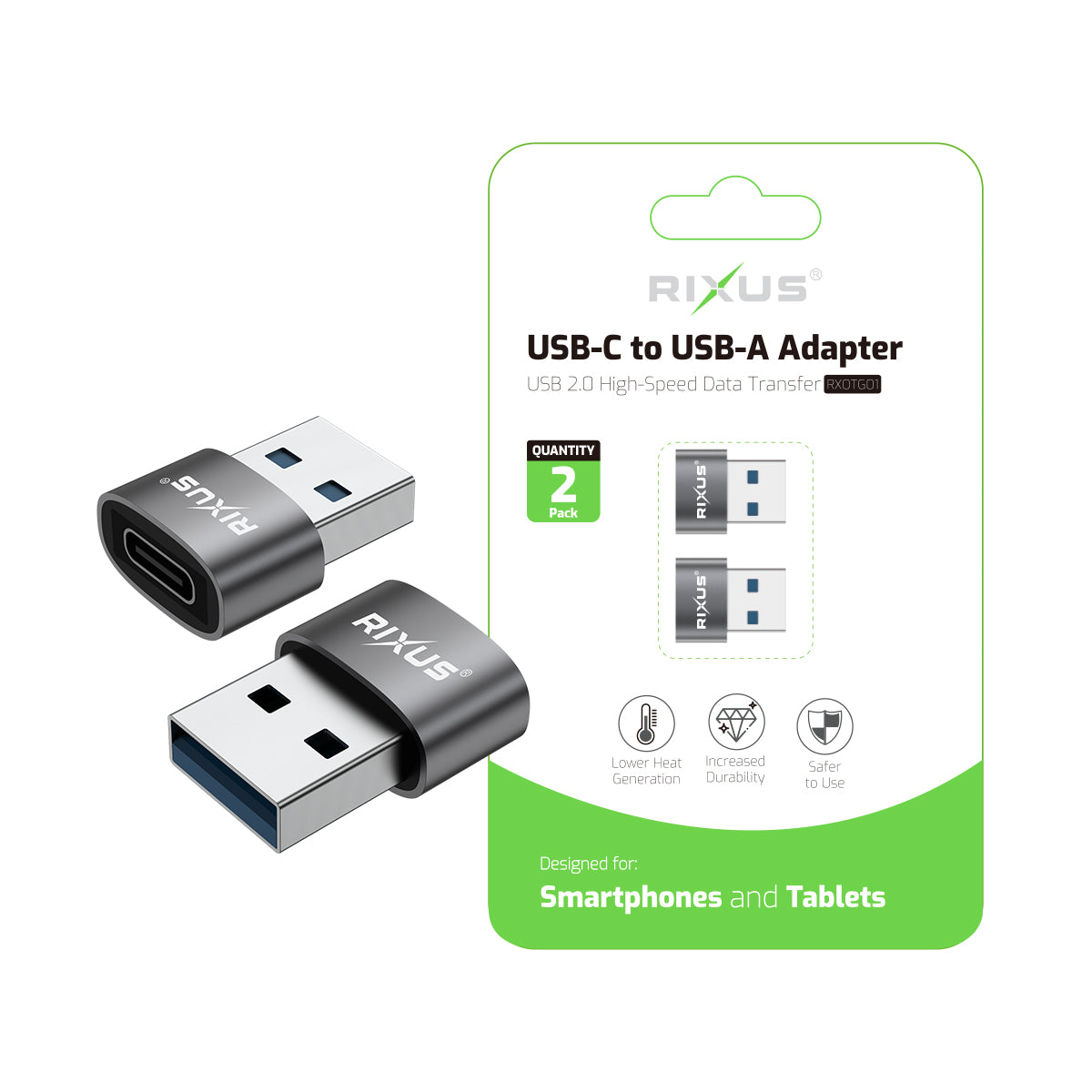Rixus RXOTG01 USB-A To USB-C OTG Adapter Space Gray (2-Pack)