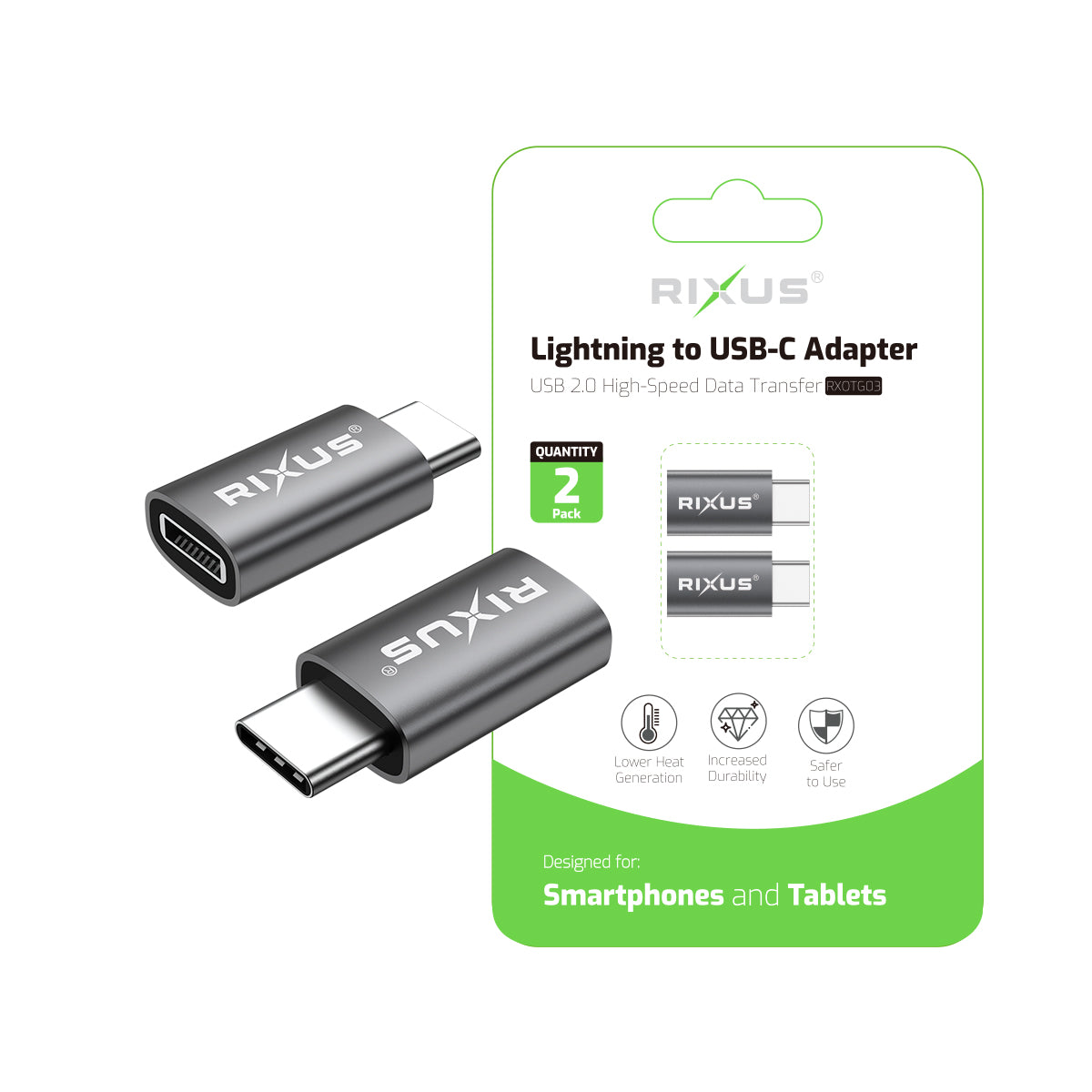 Rixus RXOTG03 USB-C To Lightning OTG Adapter Space Gray (2-Pack)