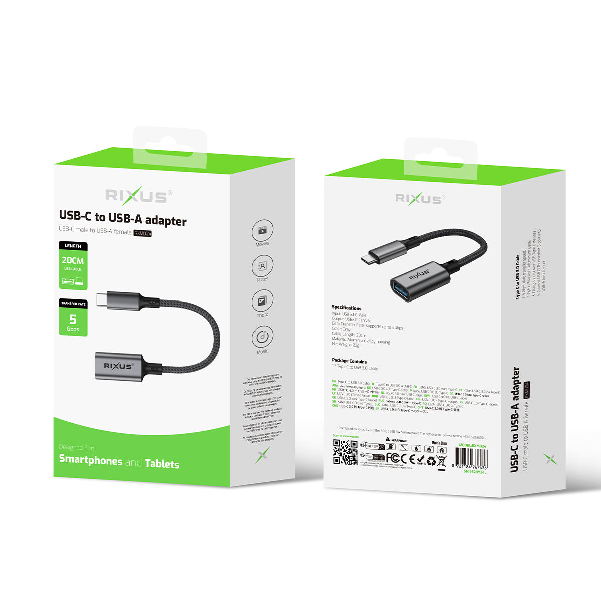 Rixus RXMU24 USB-C To USB A 3.0 Adapter Space Gray