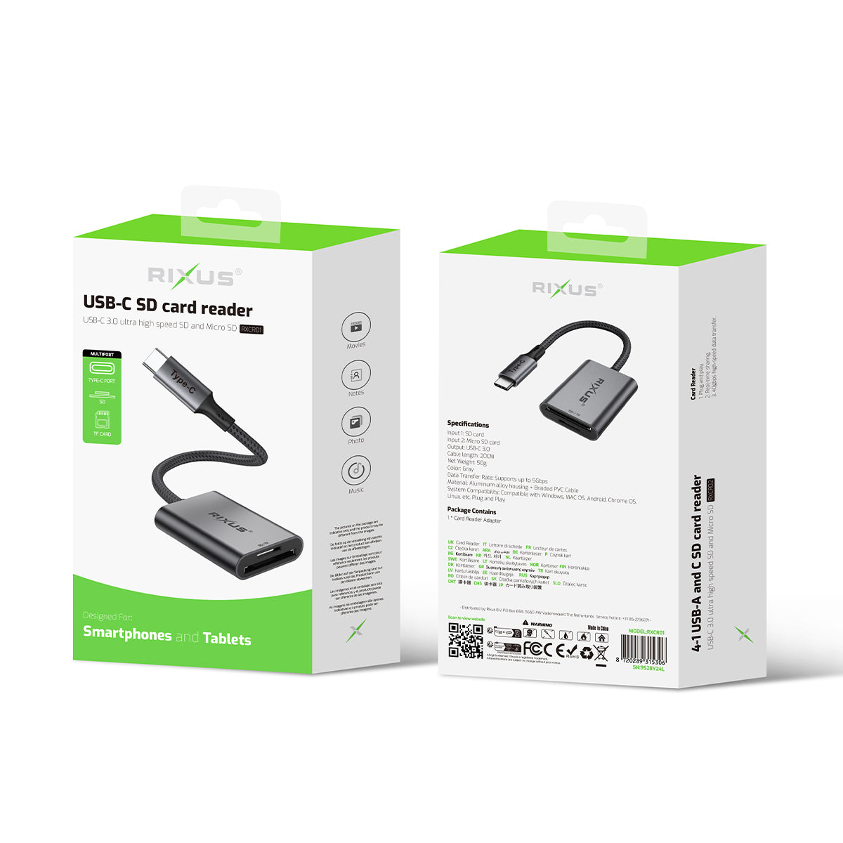 Rixus RXCR01 USB-C To SD/TF Card Reader Adapter Space Gray